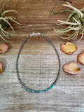 Blue green turquoise heishi choker necklace with 3mm beads and sterling silver accents, 14 inch handmade Western jewelry piece