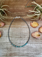 Blue green turquoise heishi choker necklace with 3mm beads and sterling silver accents, 14 inch handmade Western jewelry piece