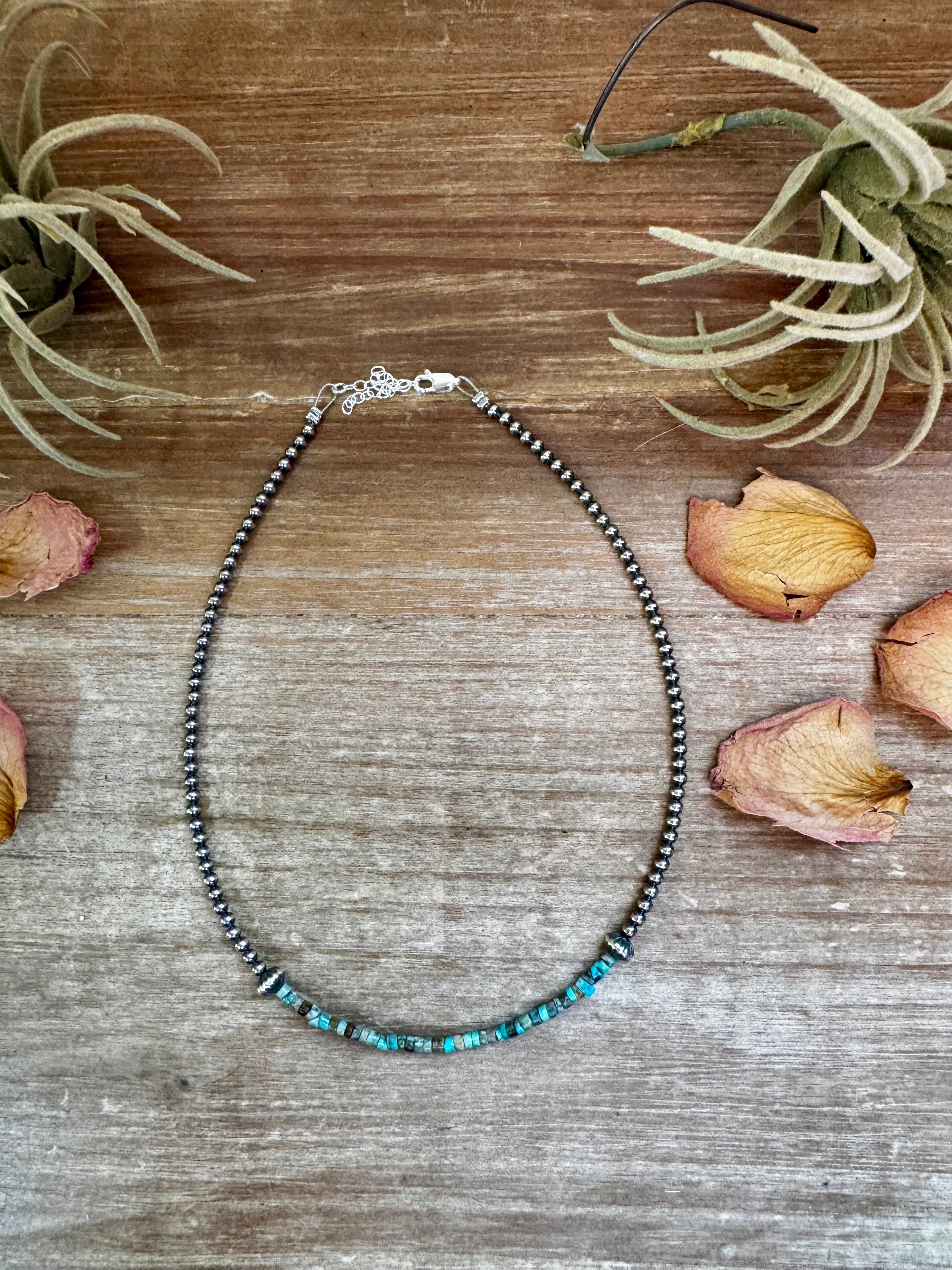 Blue green turquoise heishi choker necklace with 3mm beads and sterling silver accents, 14 inch handmade Western jewelry piece
