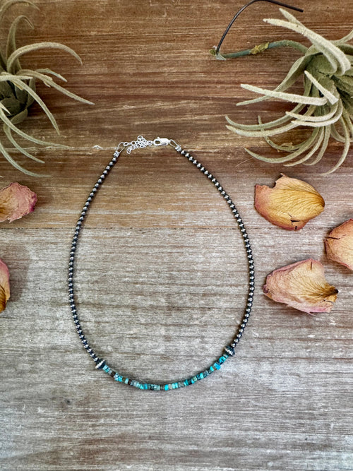 Blue green turquoise heishi choker necklace with 3mm beads and sterling silver accents, 14 inch handmade Western jewelry piece