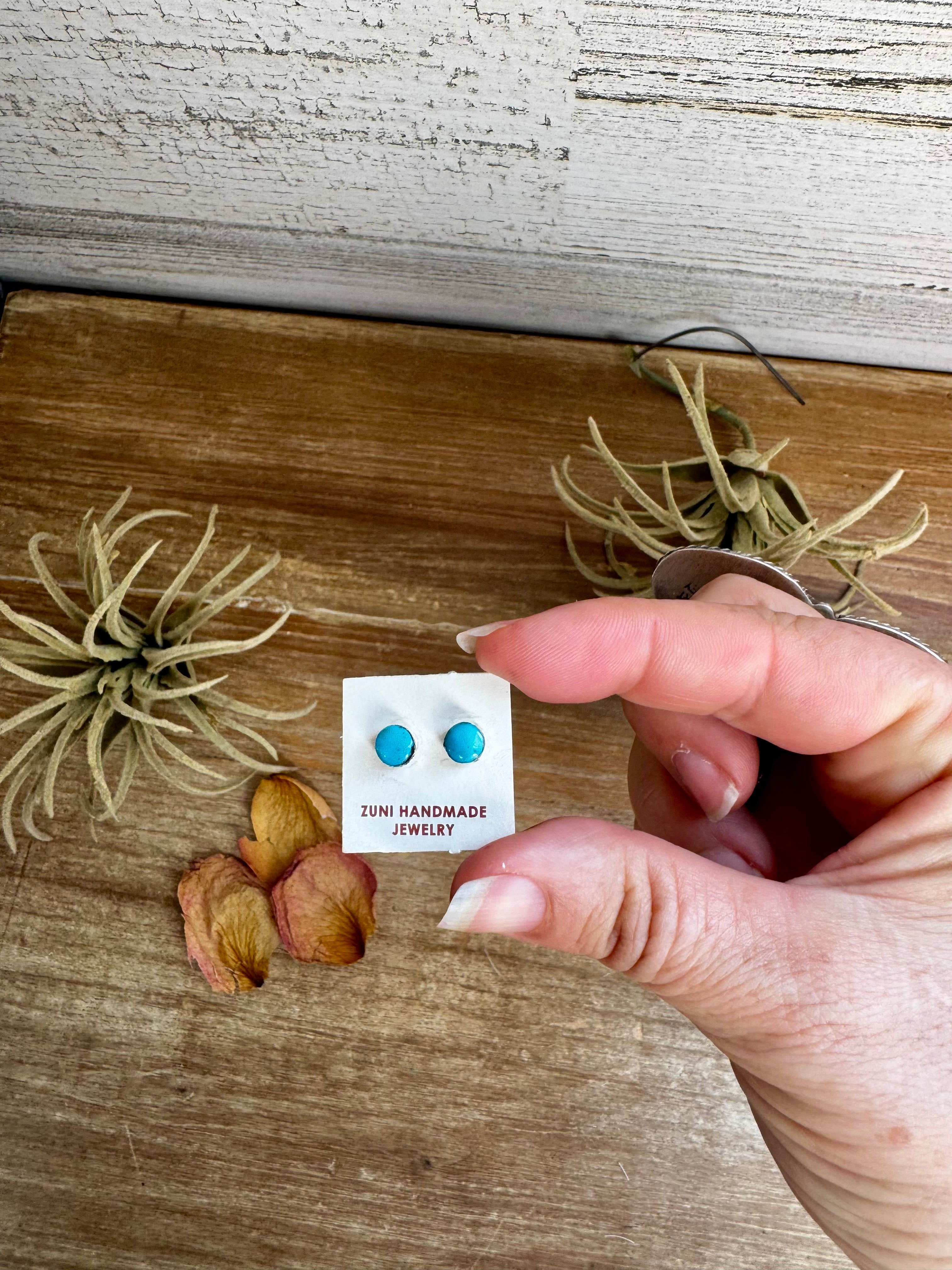 Stud Earrings – Kingman Turquoise – Sterling Silver – Handmade by Mary Ann Neha, Zuni Artist