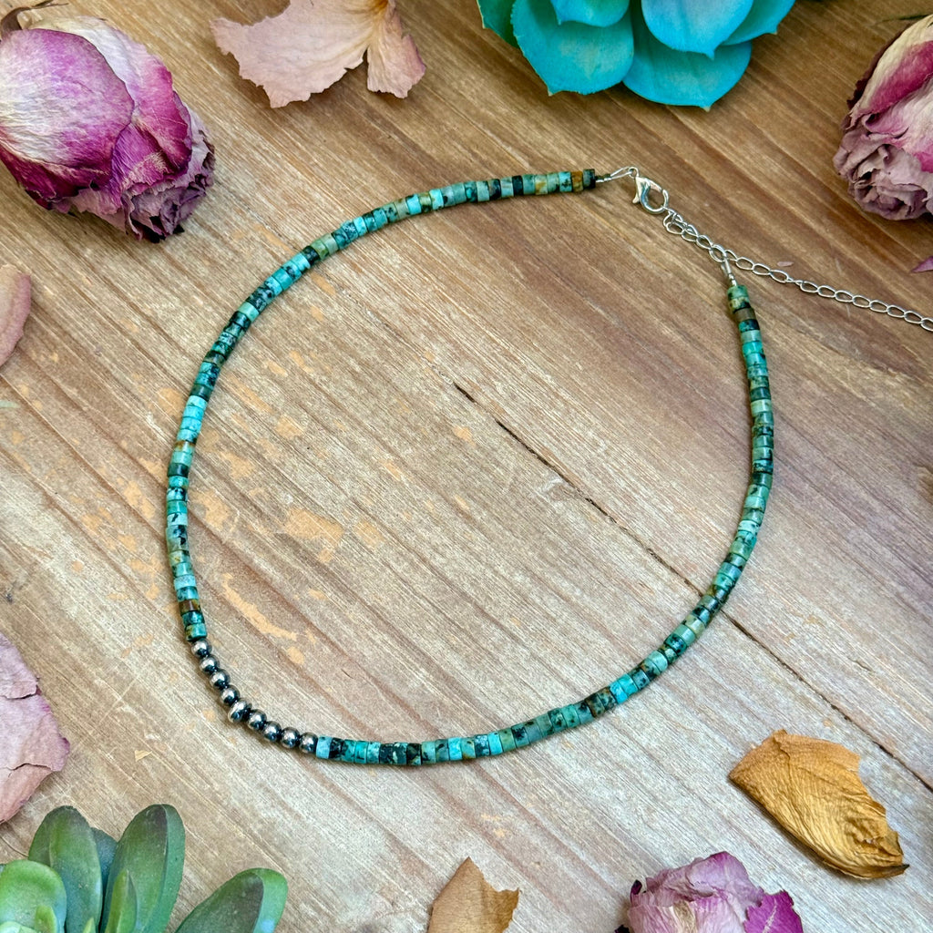 African Turquoise Heishi & Sterling Silver Pearl Choker | The Bijoux FAB
