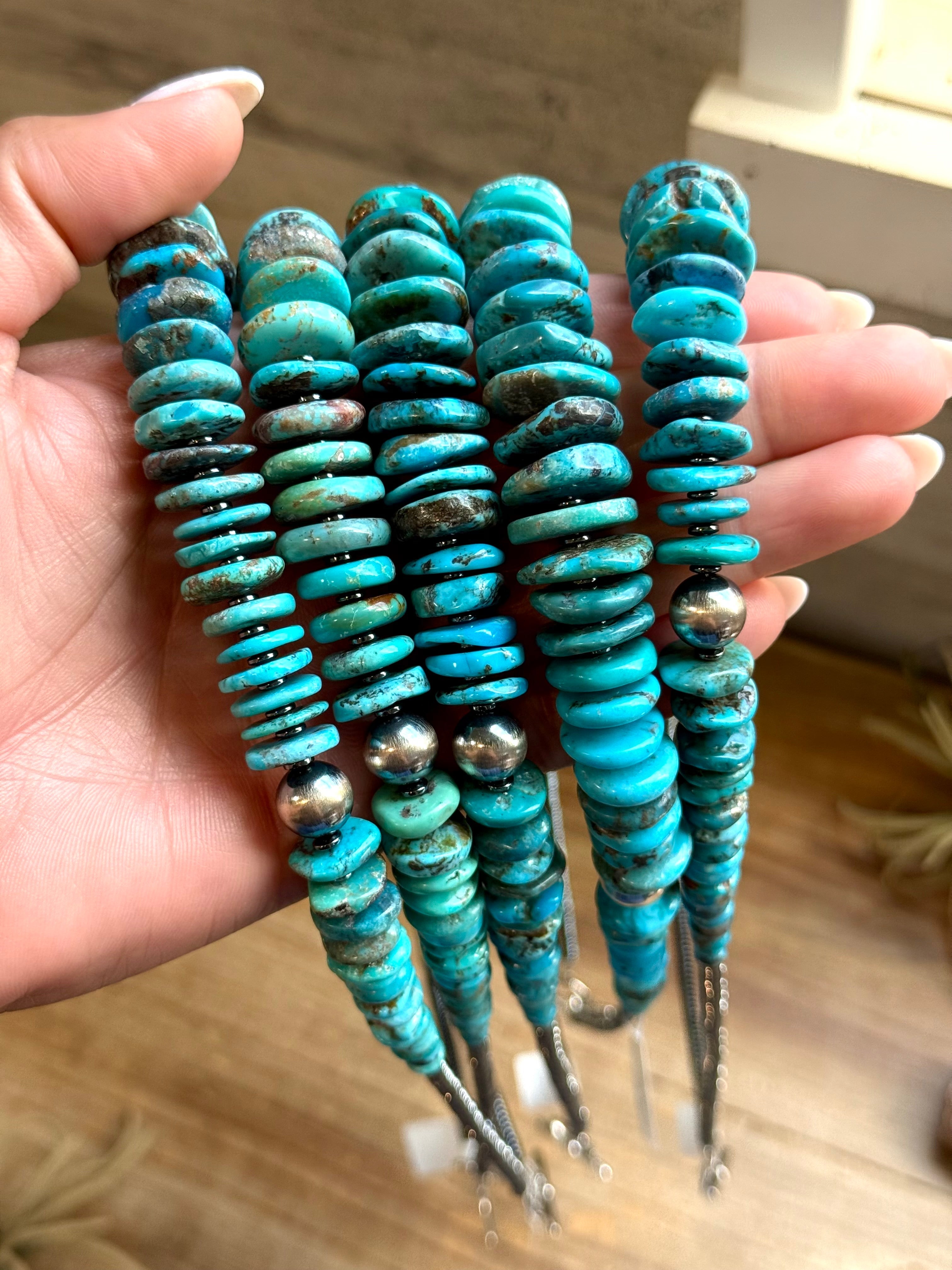 Dark Blue Turquoise Graduated Necklace with Sterling Silver Pearls & Hematite – 23”