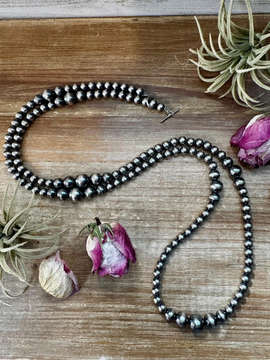 Long graduated sterling silver pearl necklace 46.5 inch with 8mm to 14mm beads, high shine Western statement jewelry piece