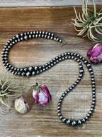 Long graduated sterling silver pearl necklace 46.5 inch with 8mm to 14mm beads, high shine Western statement jewelry piece
