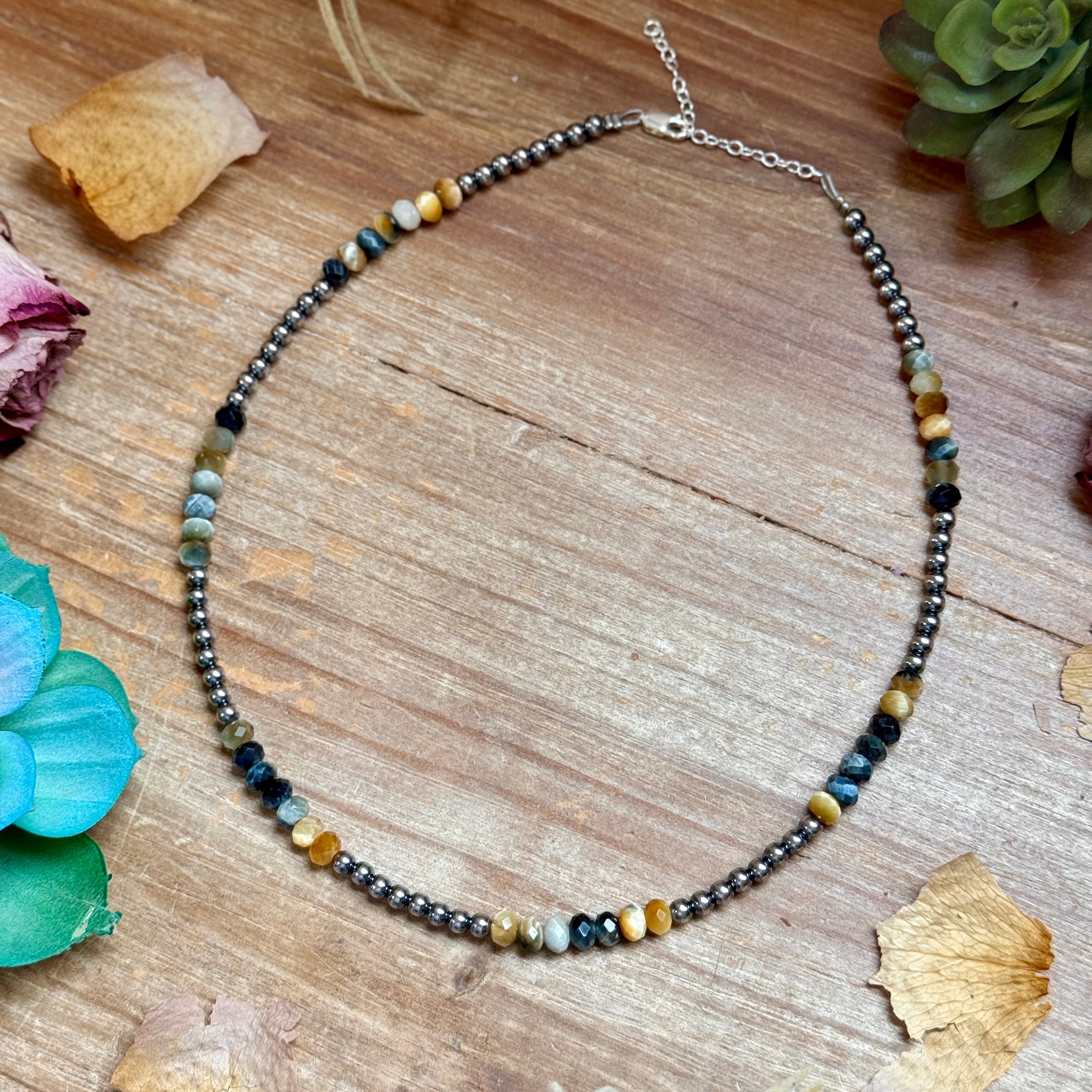 Golden Tiger Eye & Sterling Silver Pearl Necklace – 16" | The Bijoux FAB