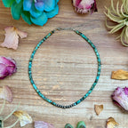 African turquoise heishi bead necklace with sterling silver pearls and saucer accents, handmade western choker jewelry made in the USA.