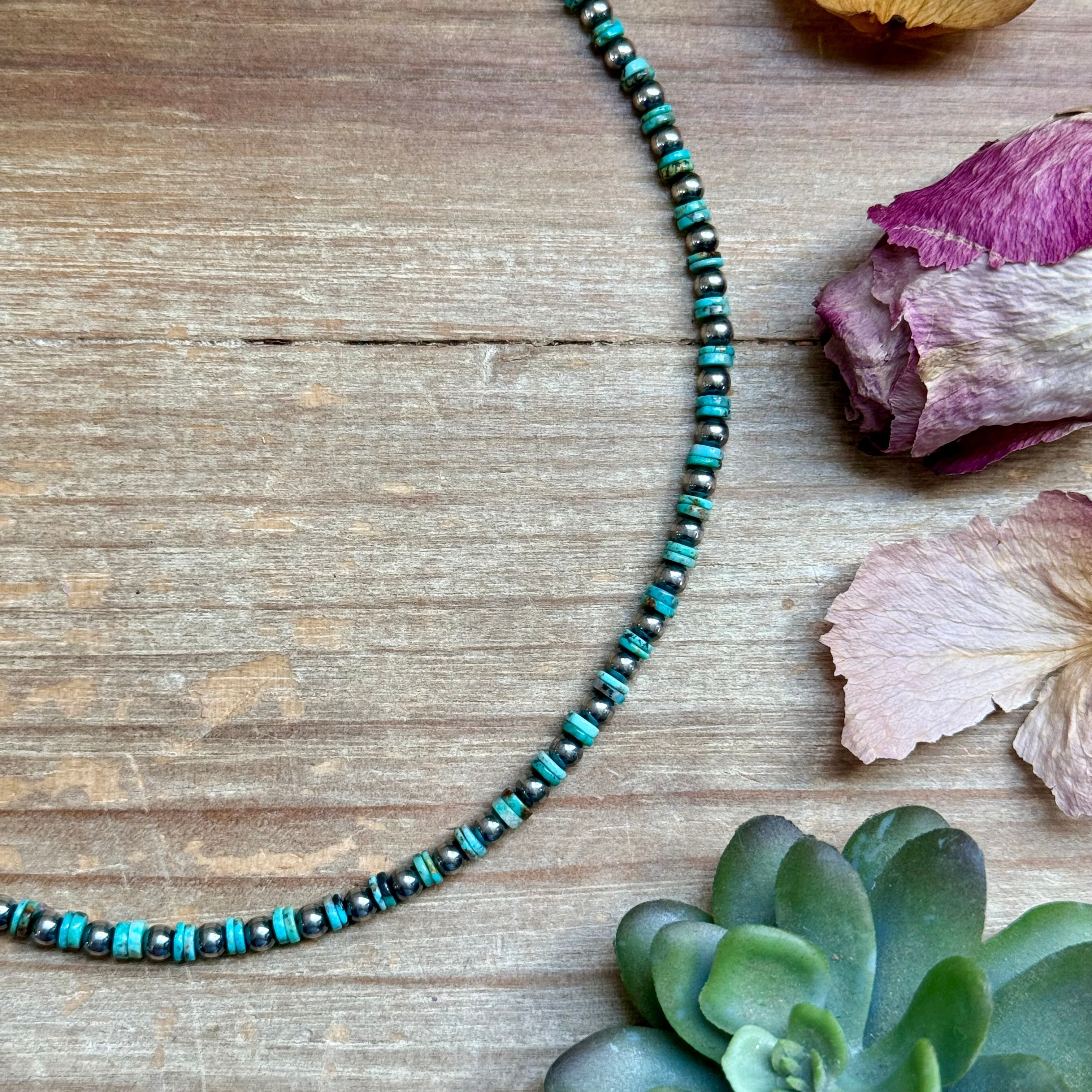 14” Turquoise Heishi Choker – Sterling Silver Pearls