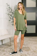 Buttery Soft V-Neck Bike Short Set – Light Olive Lounge Set