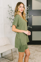 Buttery Soft V-Neck Bike Short Set – Light Olive Lounge Set