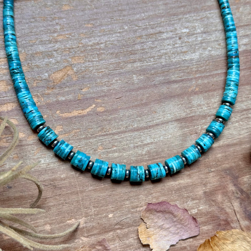 Turquoise Heishi Necklace with Silver Saucers – 19” | The Bijoux FAB