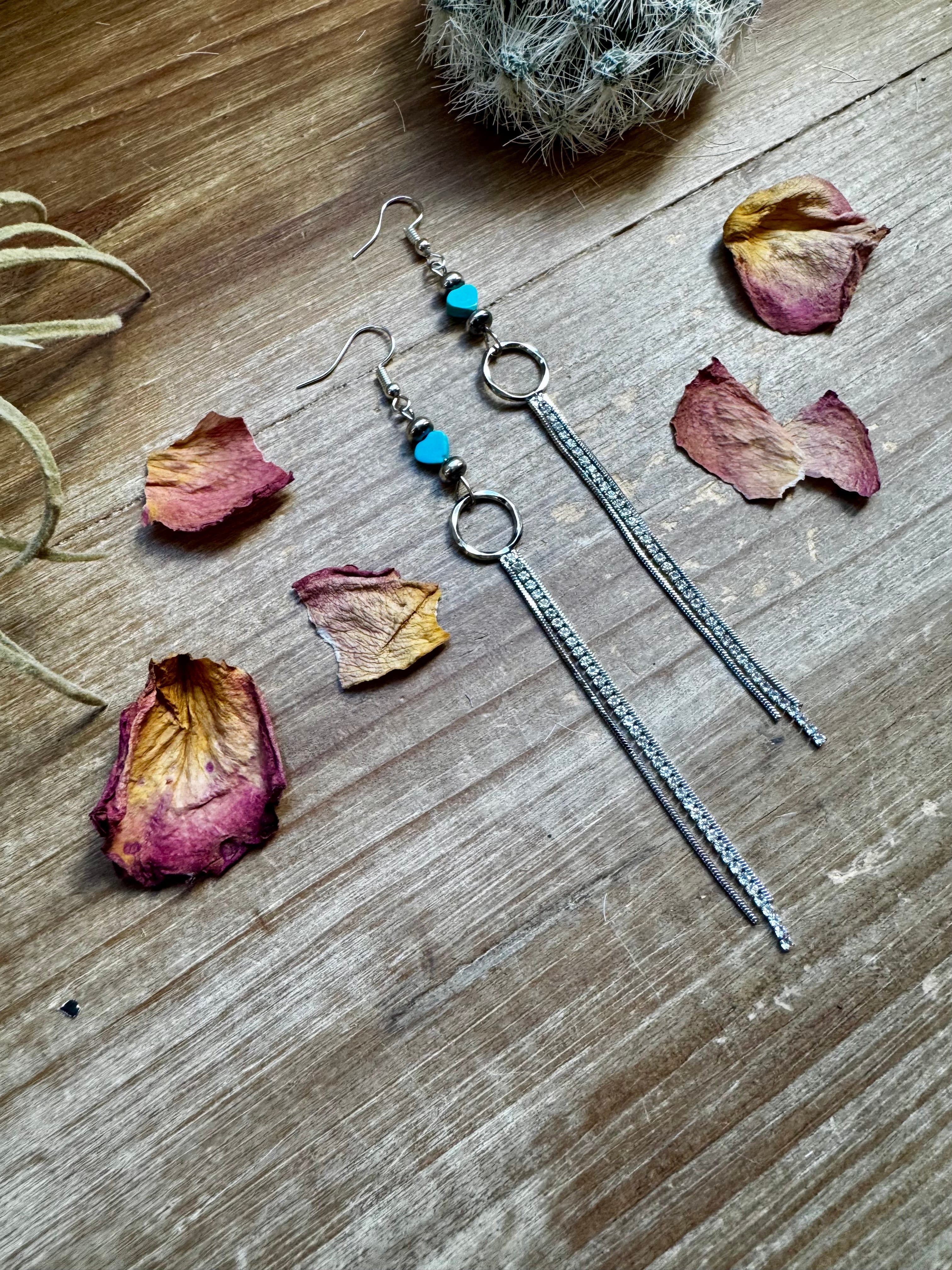 Stone-Heart Turquoise Magnesite Dangle Earrings – 5.5” Long