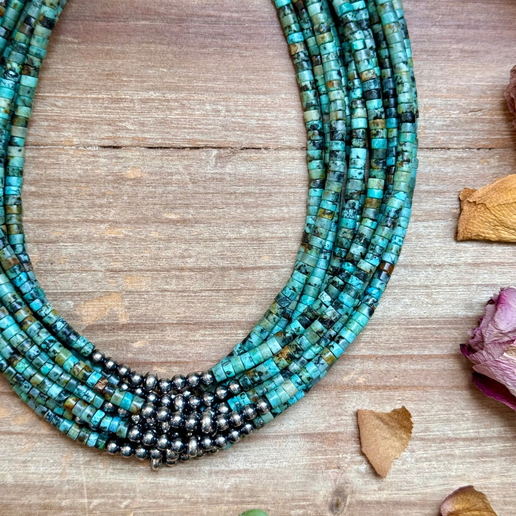 African Turquoise Heishi & Sterling Silver Pearl Choker | The Bijoux FAB
