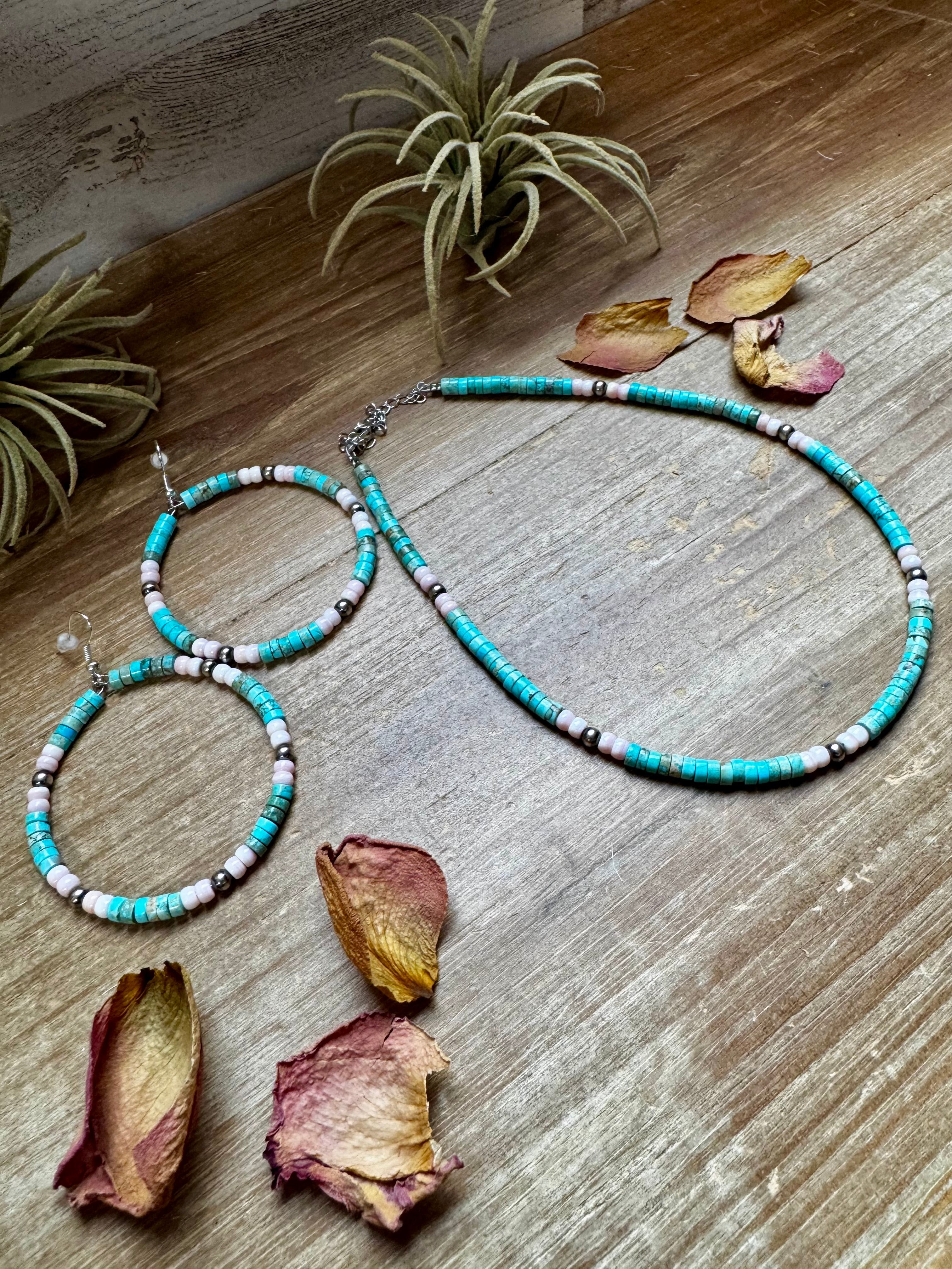 Turquoise Variscite and Pink Conch Hoop Earrings 2 Inch | The Bijoux FAB
