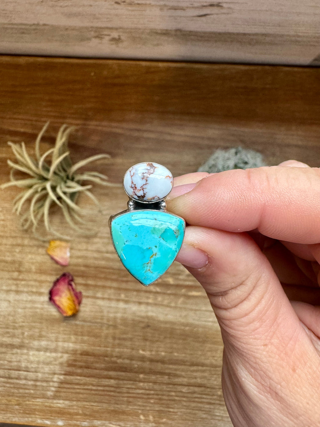 Sterling silver ring with Kingman turquoise and wild horse stones in multi stone design, size 5 Western jewelry piece