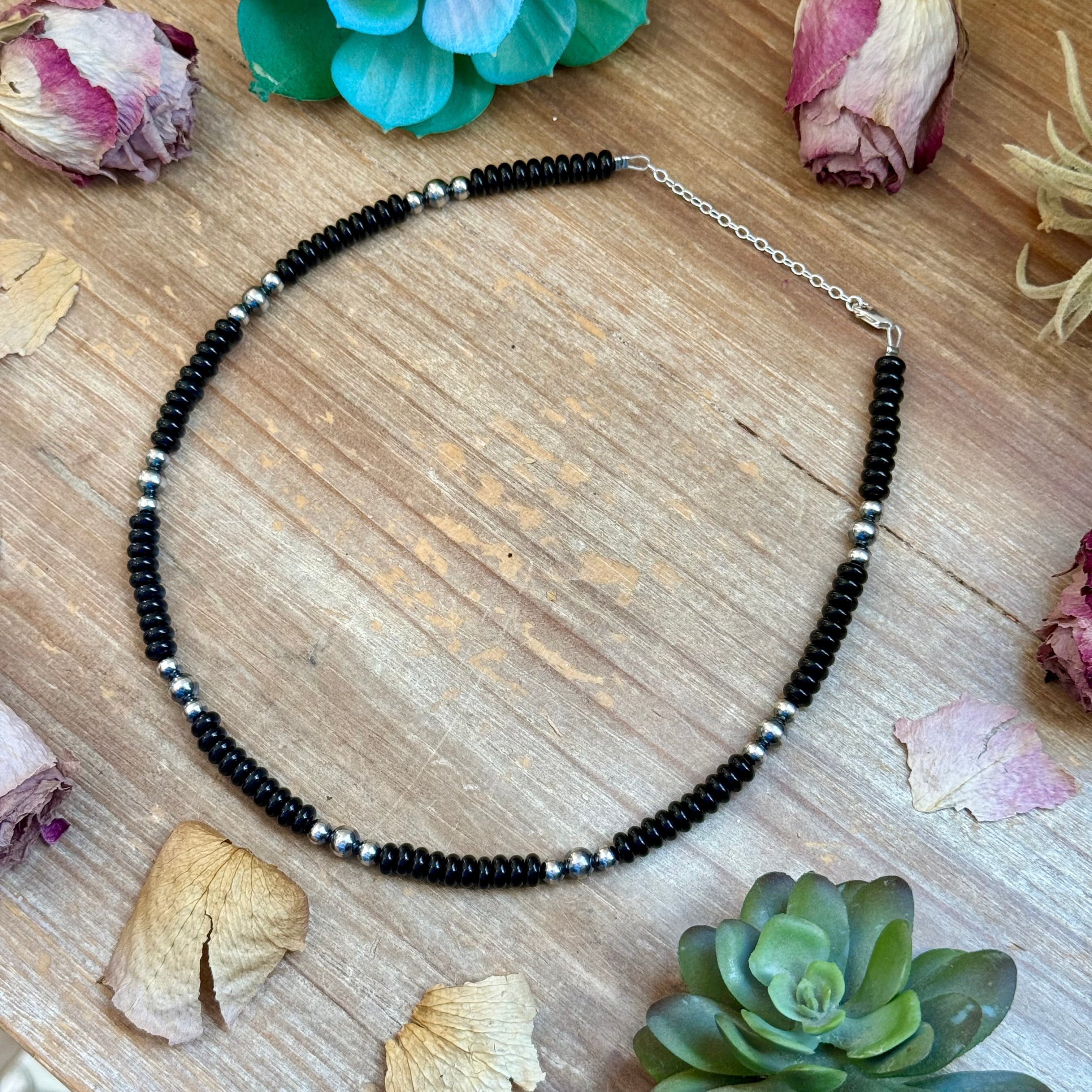 Black Onyx & Sterling Pearl Necklace 16.5”