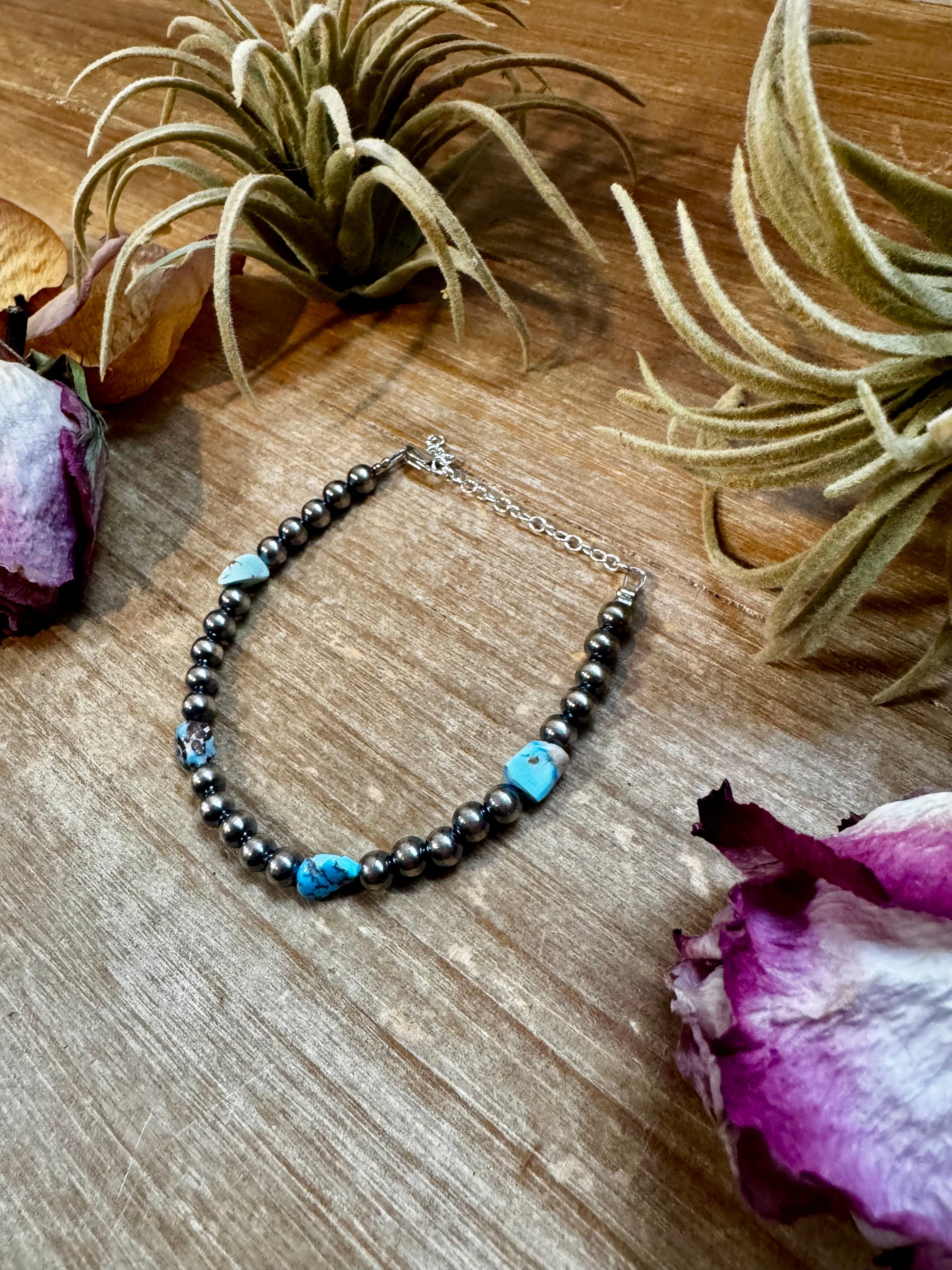 Golden Hill Turquoise Bracelet – 5mm Sterling Silver Pearls 7” Adjustable | Rare Turquoise | The Bijoux FAB