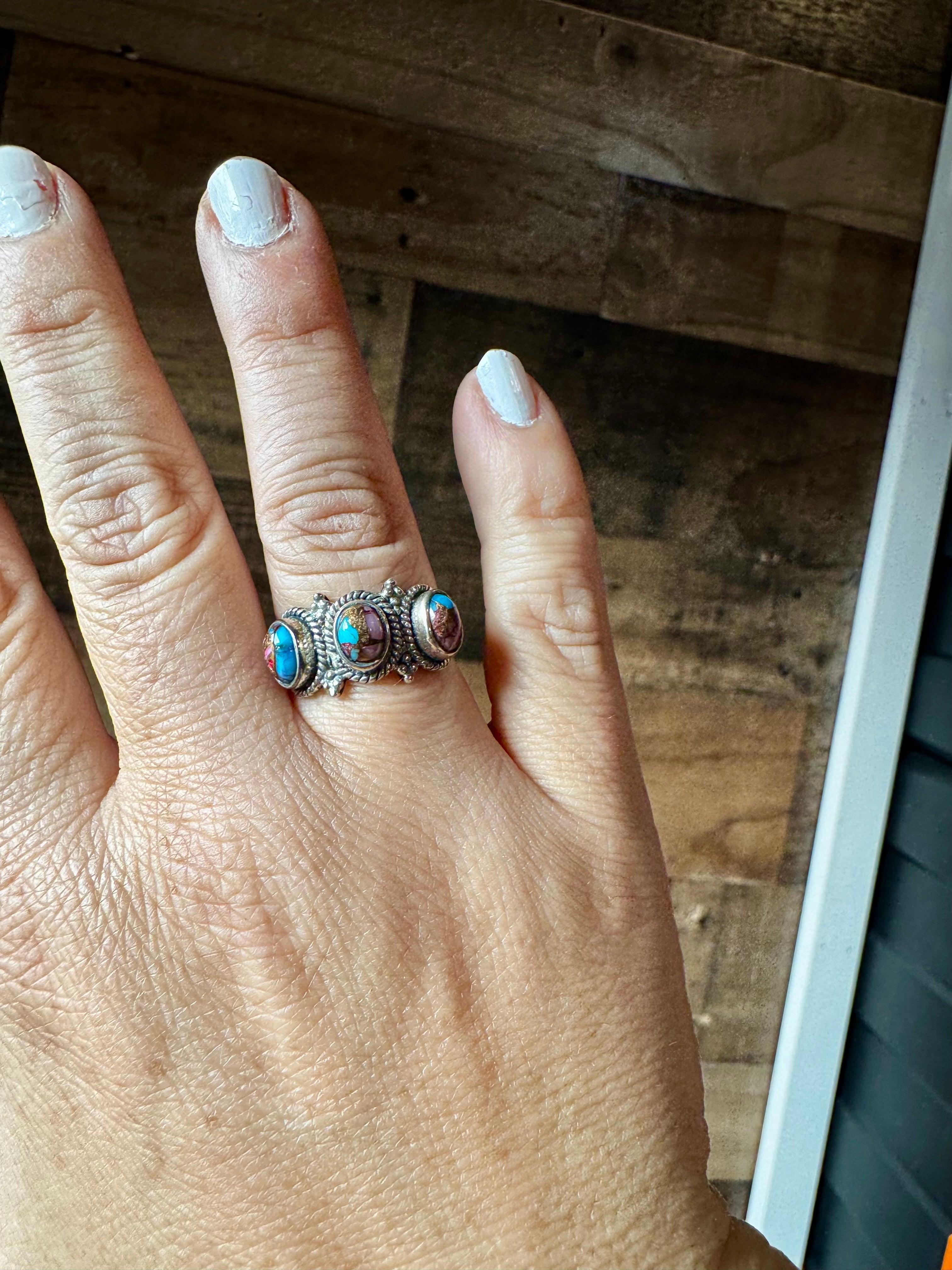 Pink Dahlia Stone Ring – Size 7 Sterling Silver 3 Stone Band