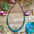 Tri color turquoise graduated necklace with hematite beads and sterling silver accents, 23 inch handmade western jewelry.