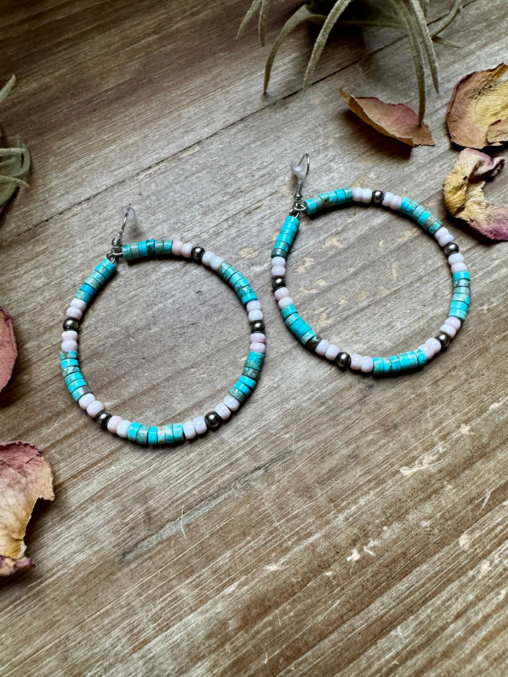 Turquoise Variscite and Pink Conch Hoop Earrings 2 Inch | The Bijoux FAB