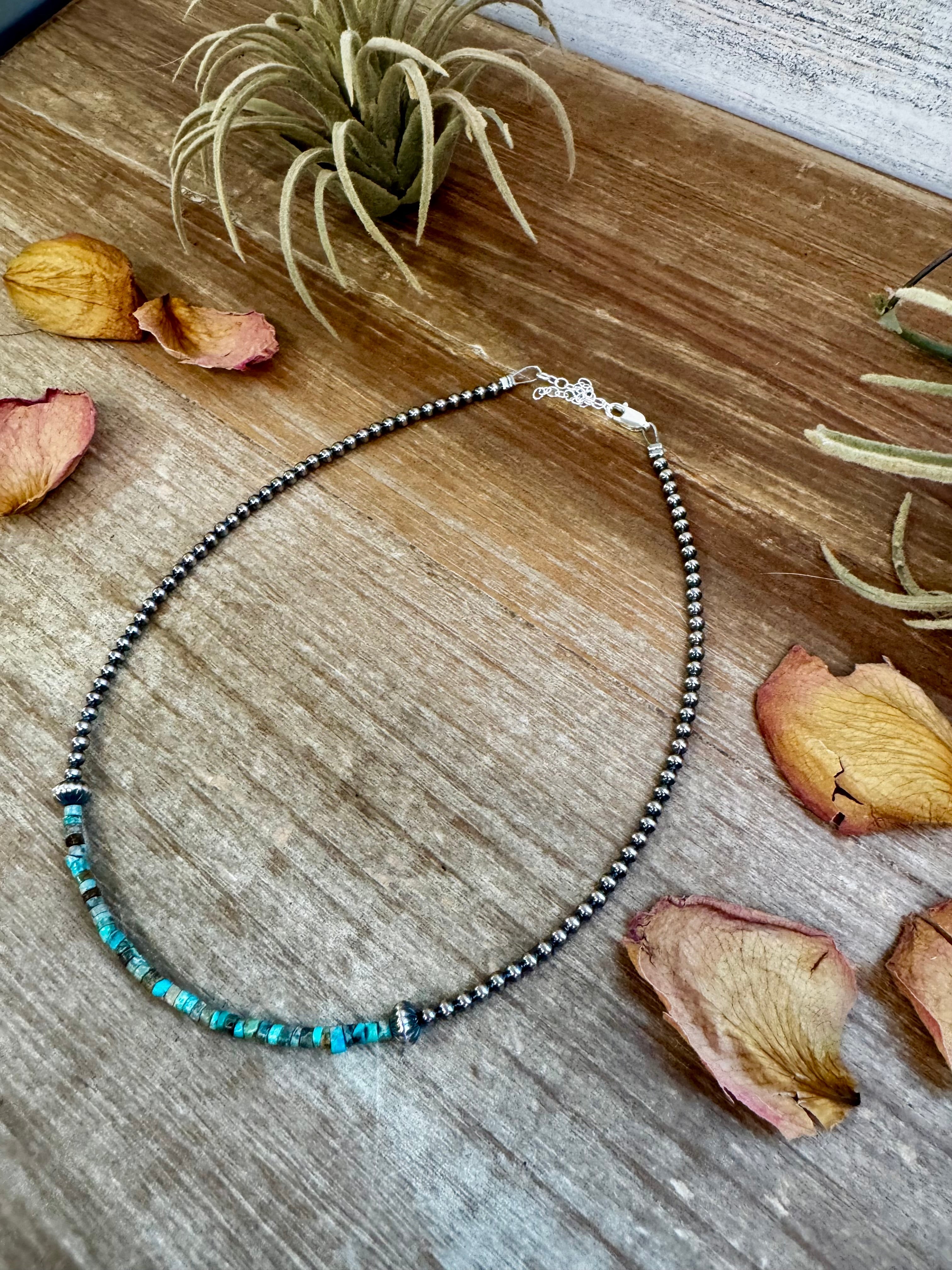 Blue Green Turquoise Heishi Choker – 3mm Turquoise Sterling Silver 14” Necklace | The Bijoux FAB