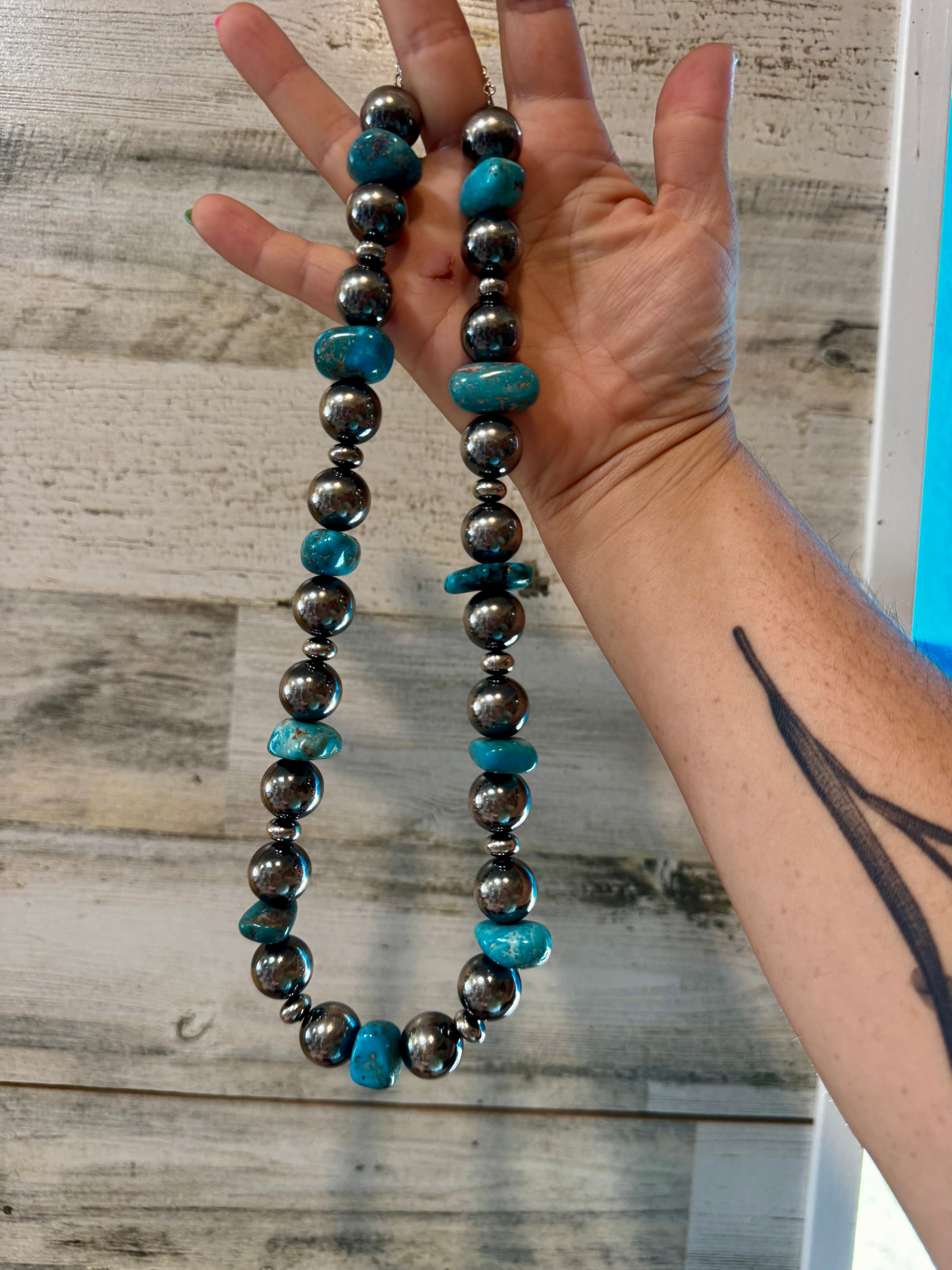 Arizona Gem Show Turquoise Nugget & 925 Silver Pearl Necklace - 21”