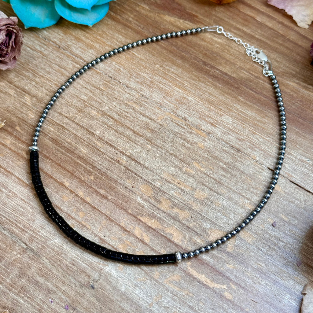 Black Onyx Heishi & Sterling Pearl Choker – 14" | The Bijoux FAB