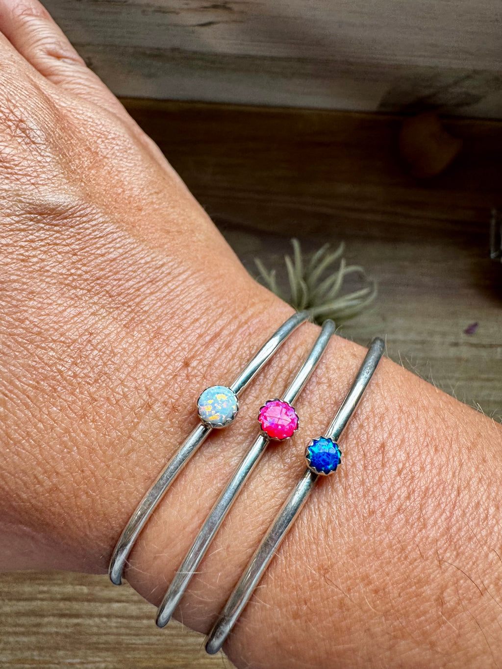 Small Opal Sterling Silver Cuff Bracelet – Pink Blue or White Opal | Native Made Western Jewelry