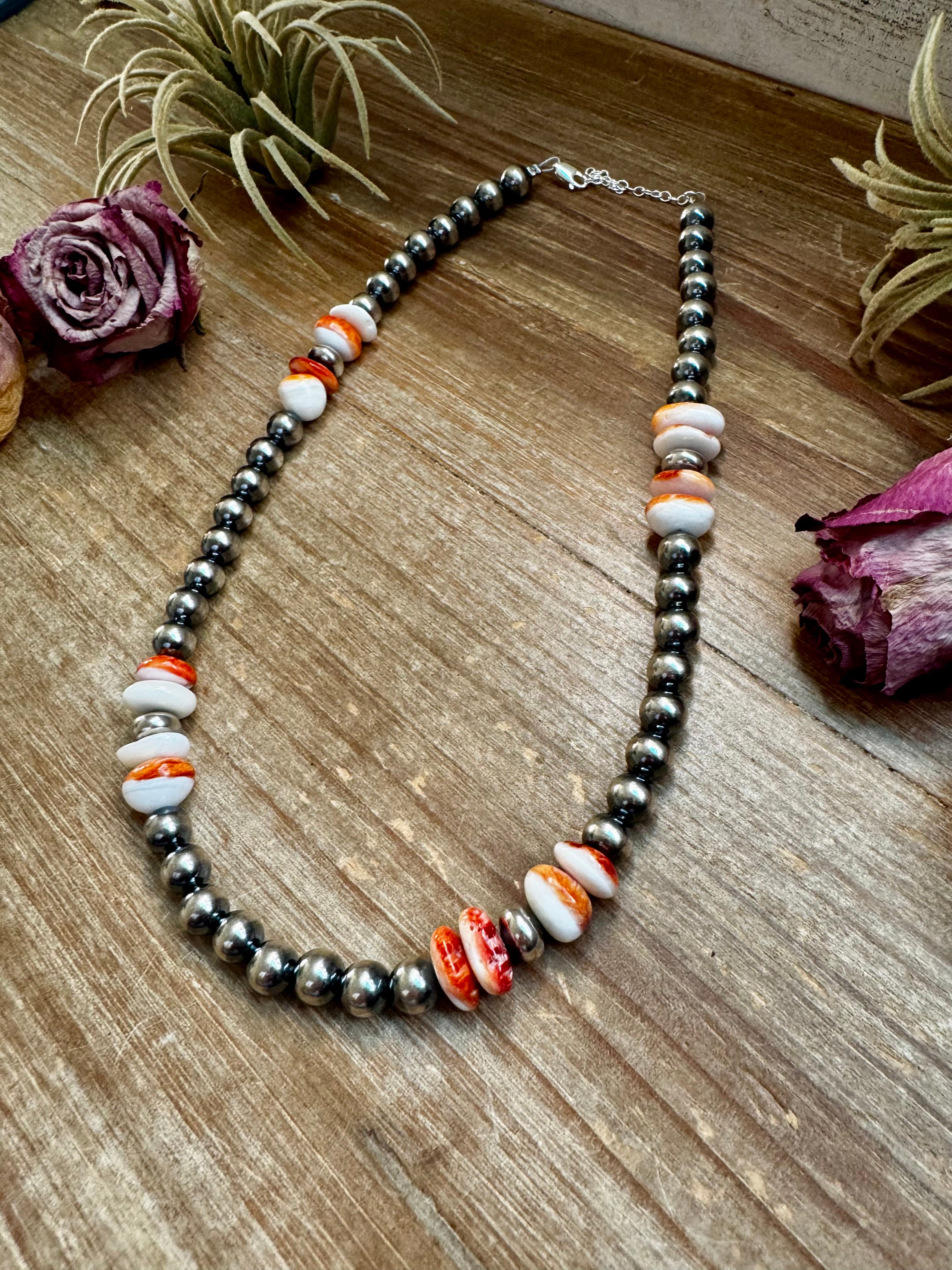 Spiny Oyster &amp; Sterling Silver Pearl Necklace – 8mm – Handmade by The Bijoux FAB – 17.5"