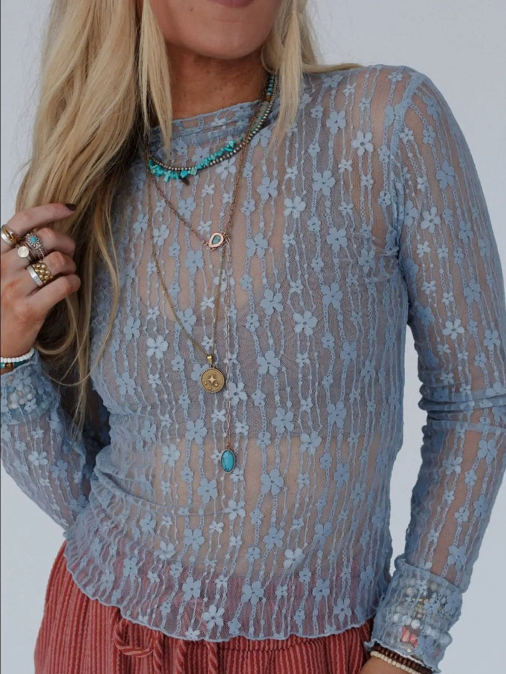 mesh lace see through blouse for women in blue great for layering