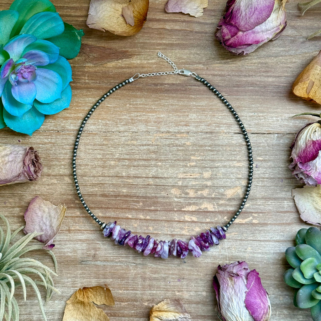 Lepidolite chip necklace with sterling silver pearls western handmade jewelry by The Bijoux FAB.