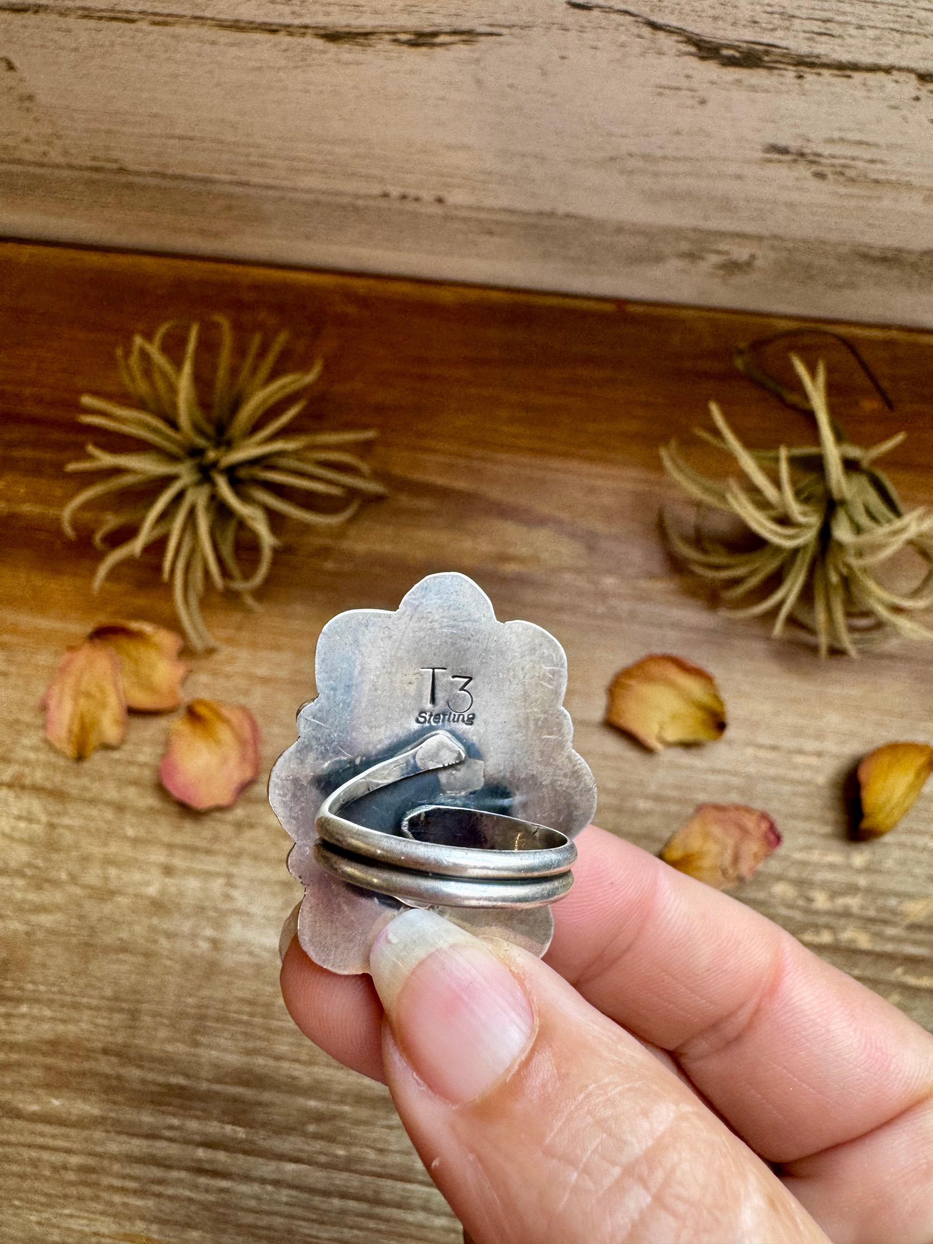 Pink Dahlia Stone Ring – Adjustable Sterling Silver Navajo Handmade | Tia Long