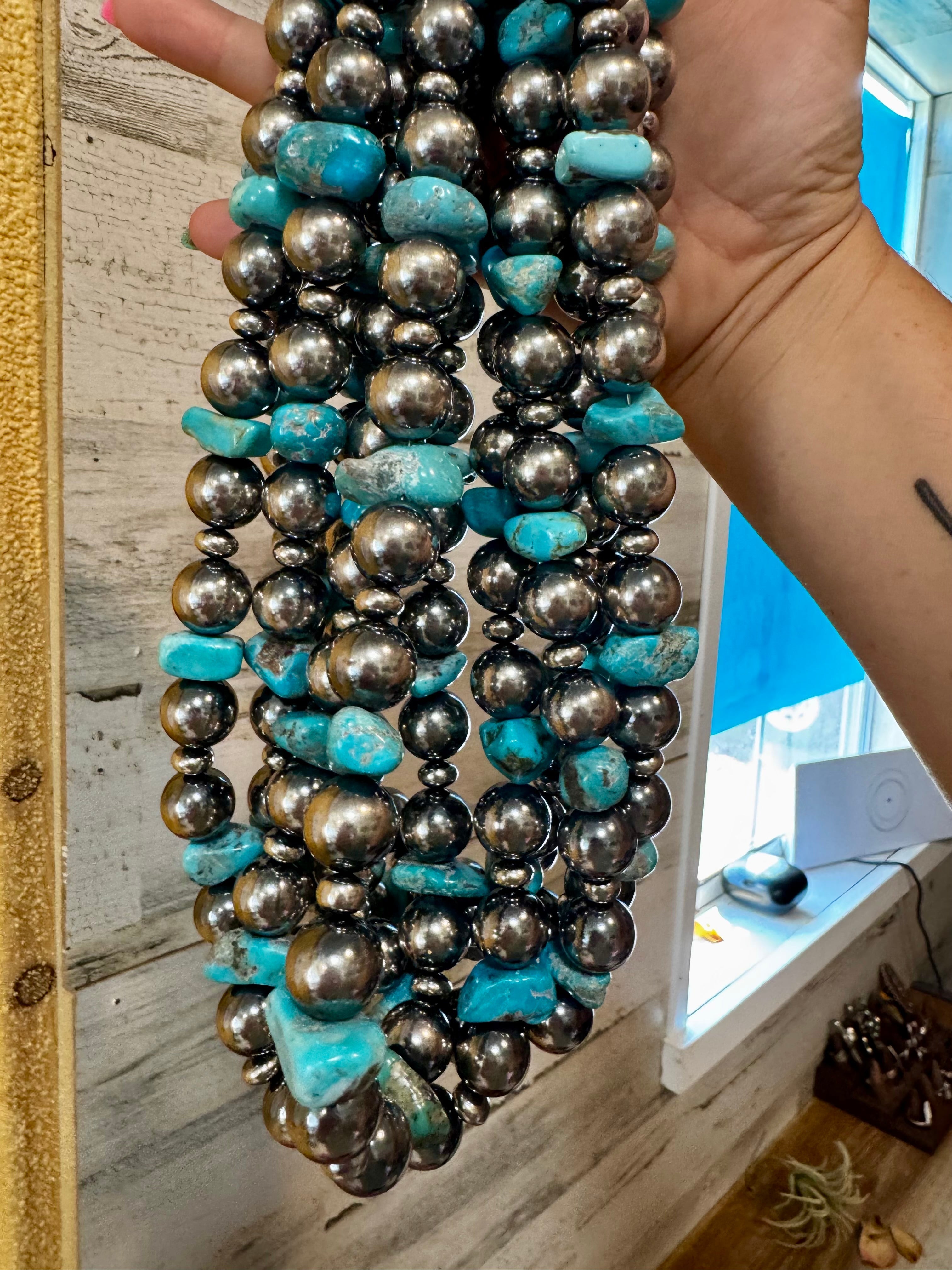 Arizona Gem Show Turquoise Nugget & 925 Silver Pearl Necklace - 21”