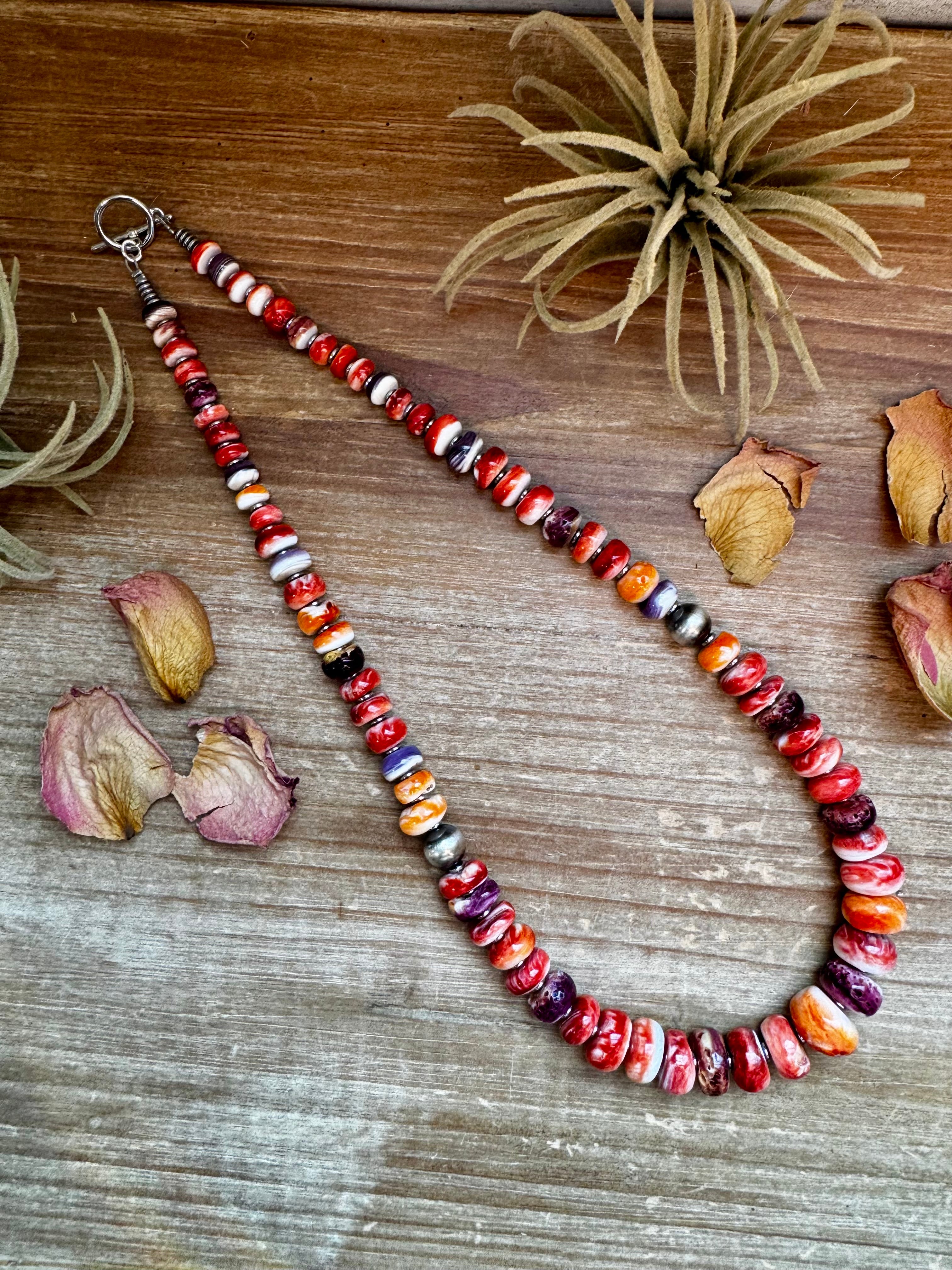 BE BOLD - 22-Inch Spiny Oyster & Wampum Statement Necklace with Sterling Silver Pearls