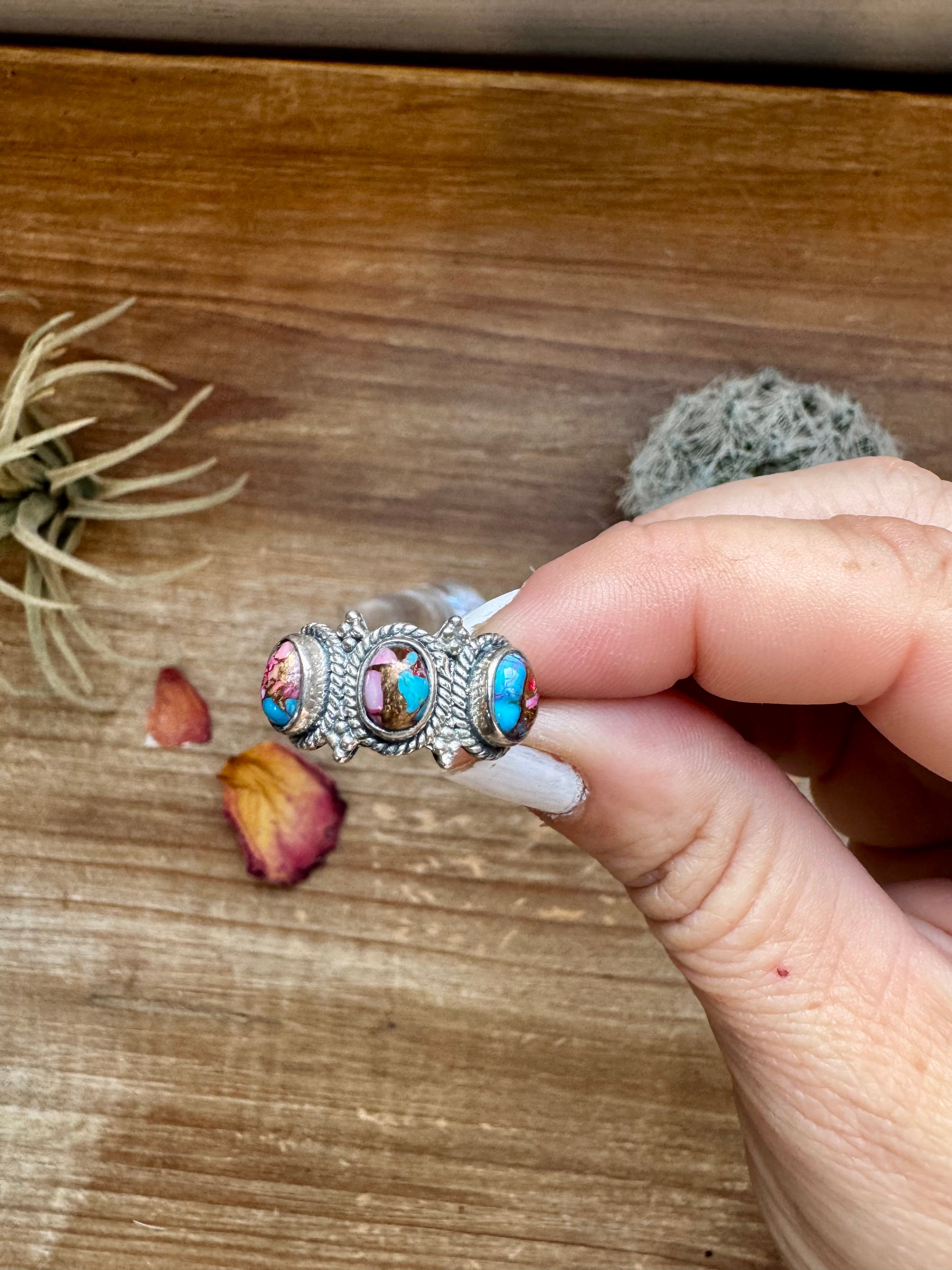 Pink Dahlia Stone Ring – Size 7 Sterling Silver 3 Stone Band