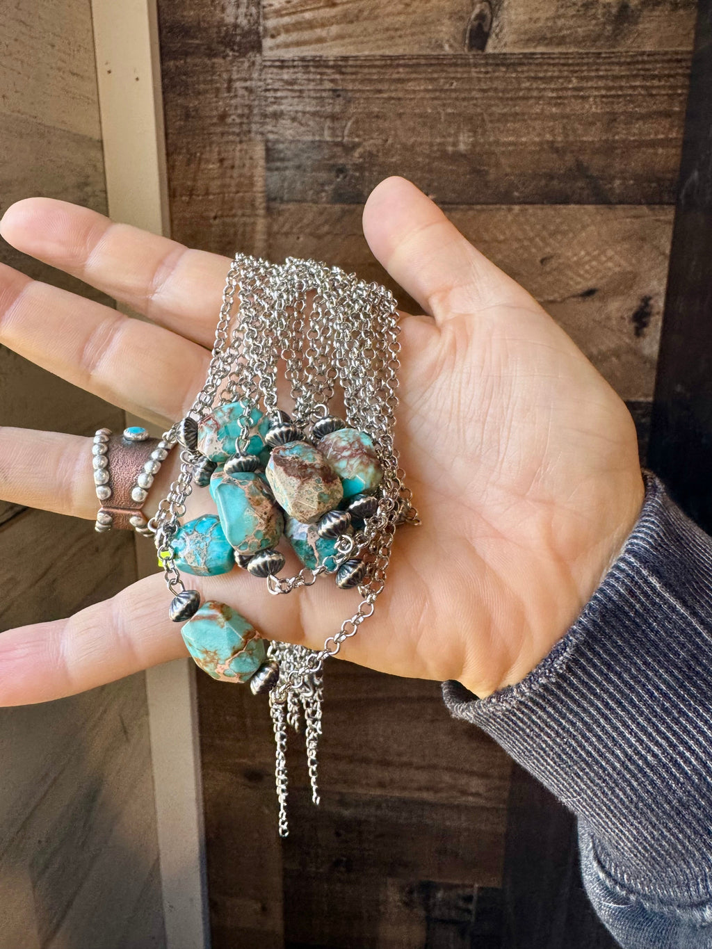 16 inch long necklace with saucer Sterling Silver Pearls and turquoise Variscite