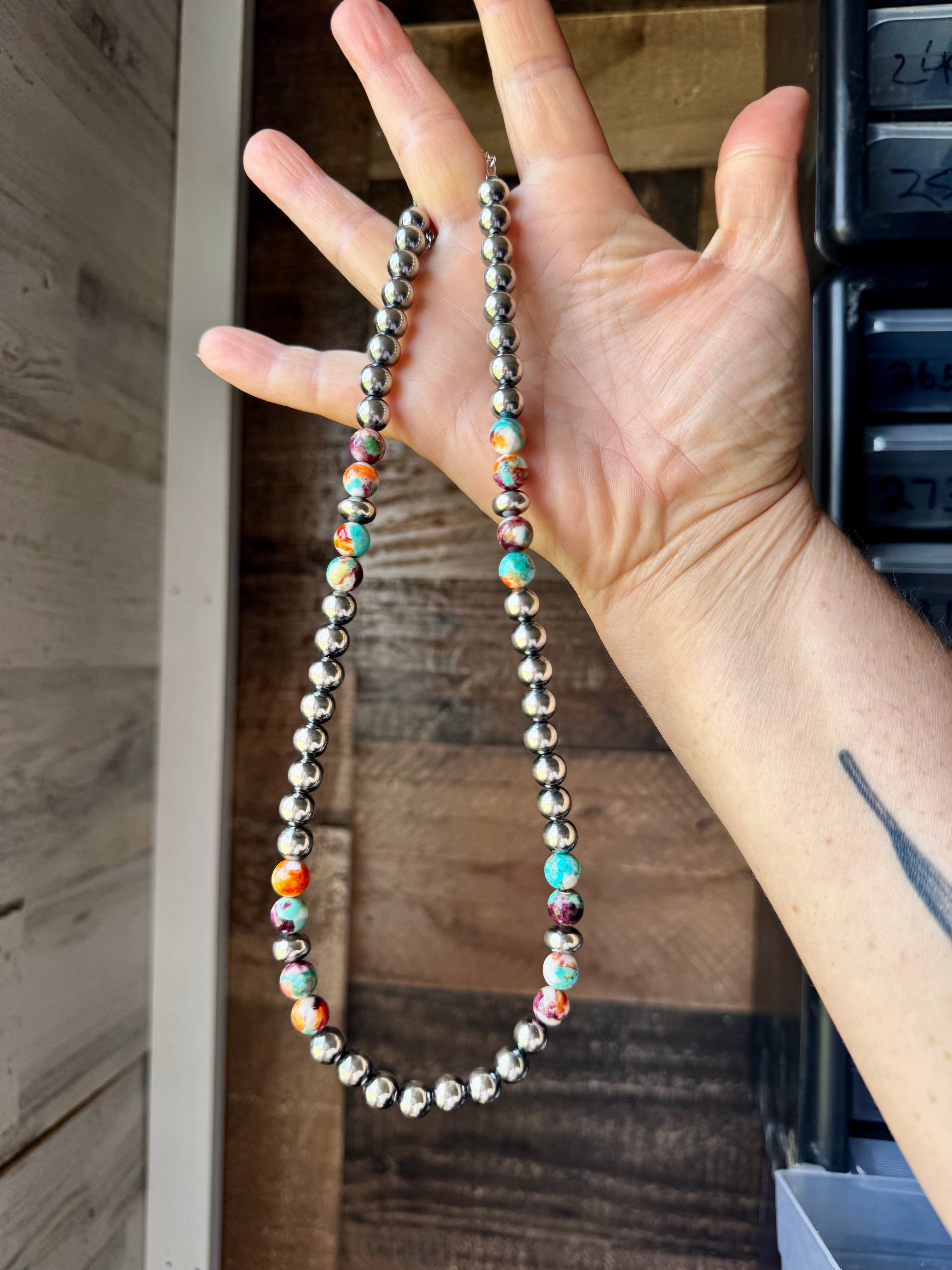 Mohave Turquoise Mix & Sterling Silver Necklace – 8 mm Beads – 19 Inch + Extender