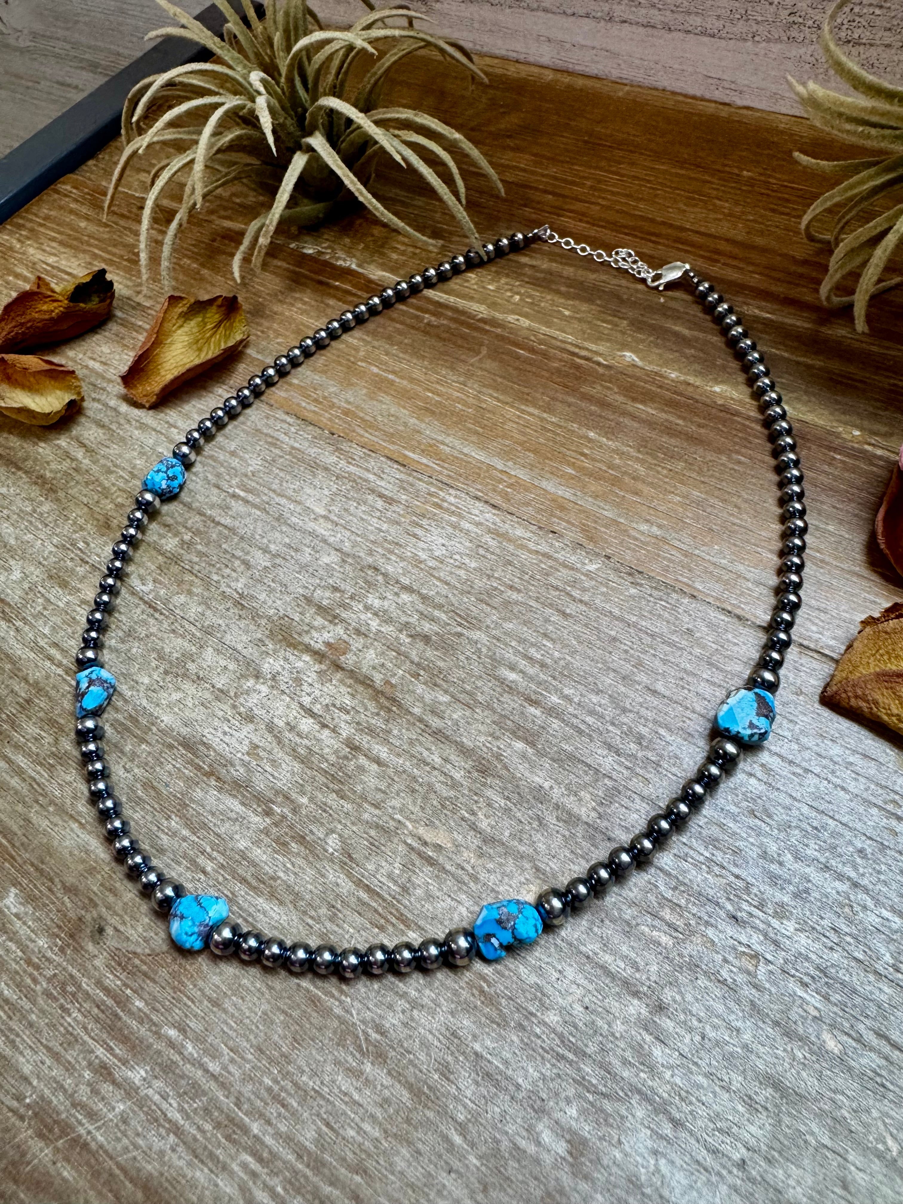 Golden Hill Turquoise & Sterling Pearl Necklace – 16" | The Bijoux FAB