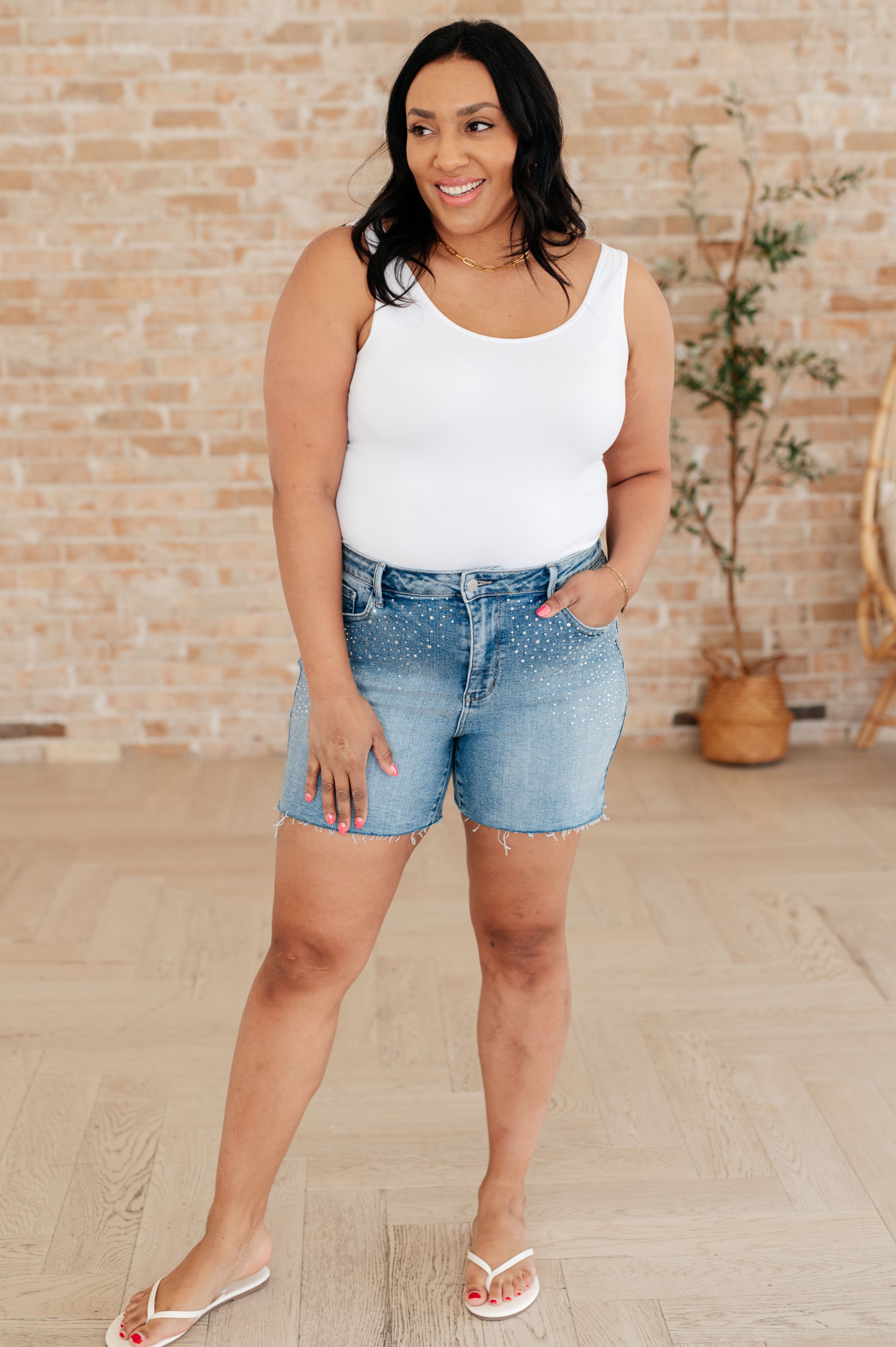 Judy Blue High Rise Rhinestone Cutoff Shorts – Distressed Stretch Denim