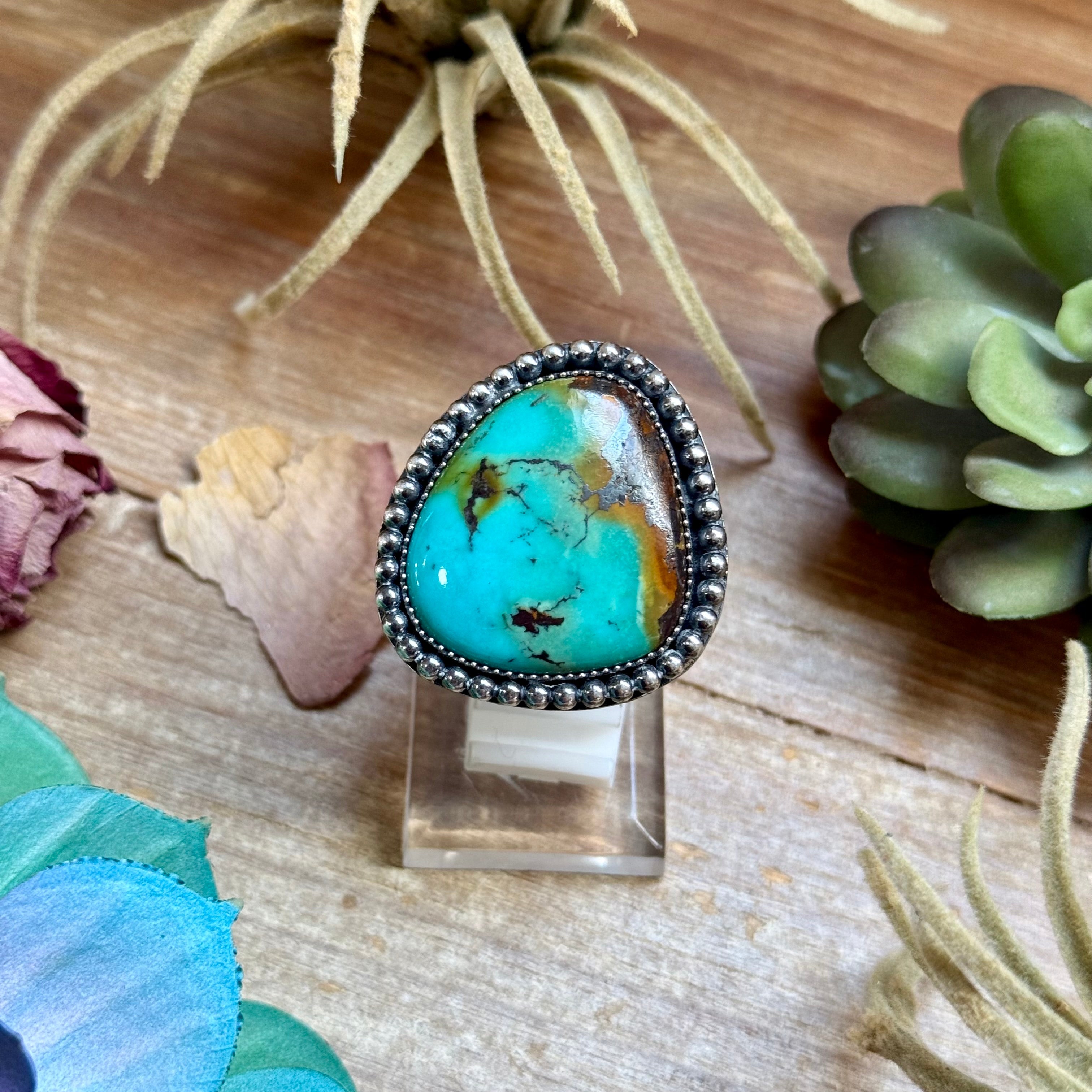 Blue turquoise sterling silver adjustable statement ring handmade by MJ, bold Western jewelry piece