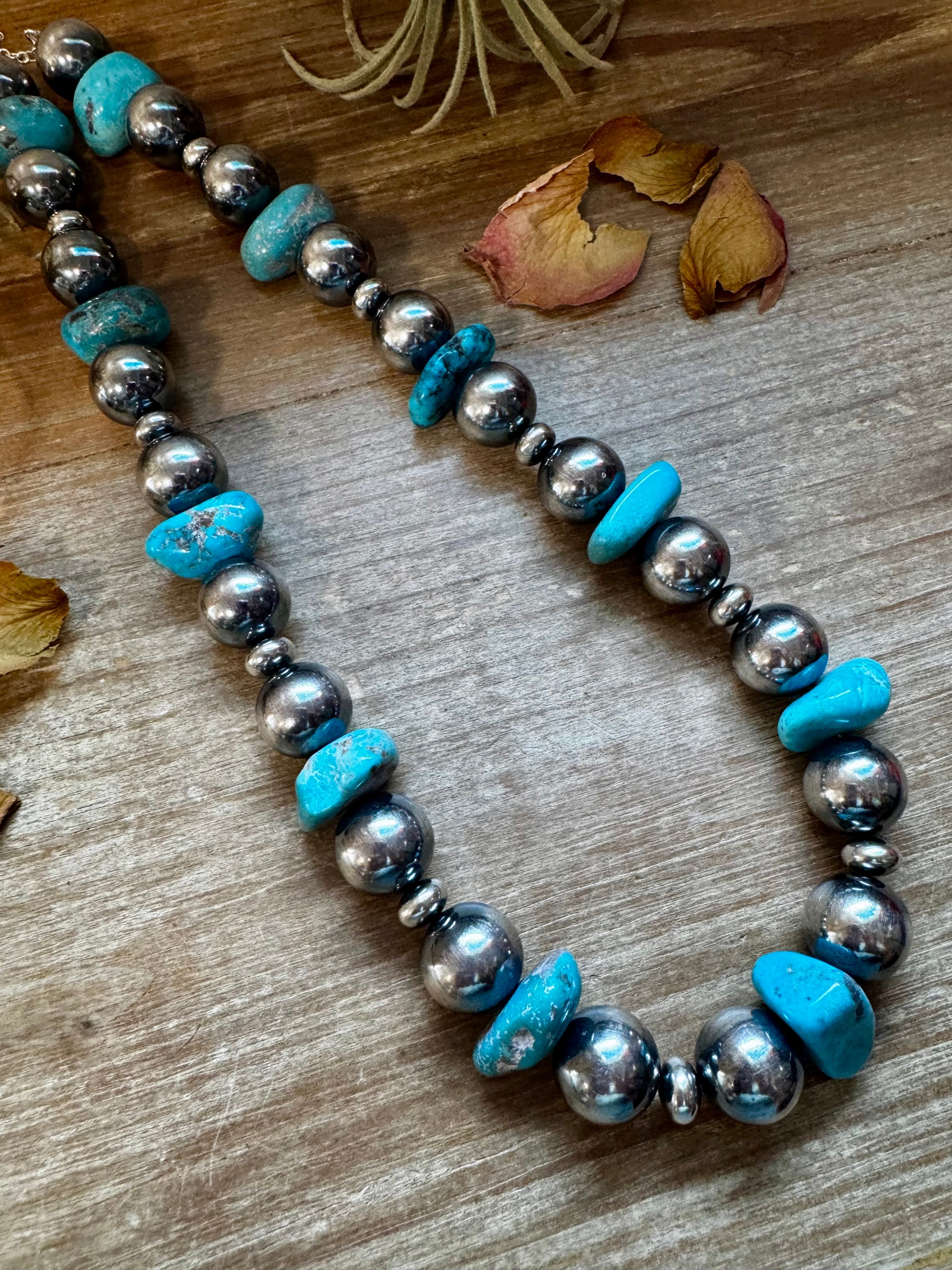 Arizona Gem Show Turquoise Nugget & 925 Silver Pearl Necklace - 21”