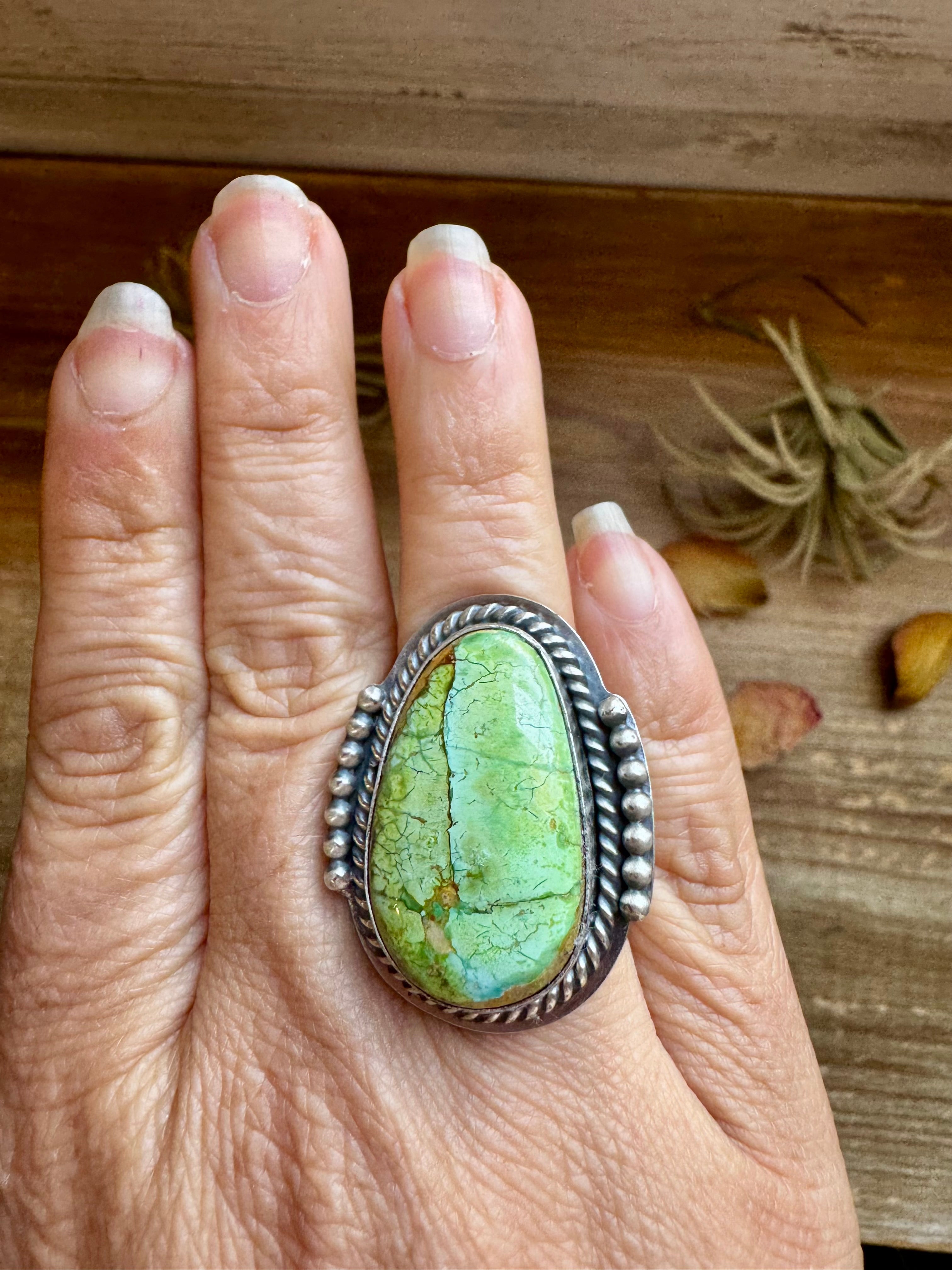 Green Turquoise Statement Ring – Adjustable Sterling Silver Western Jewelry