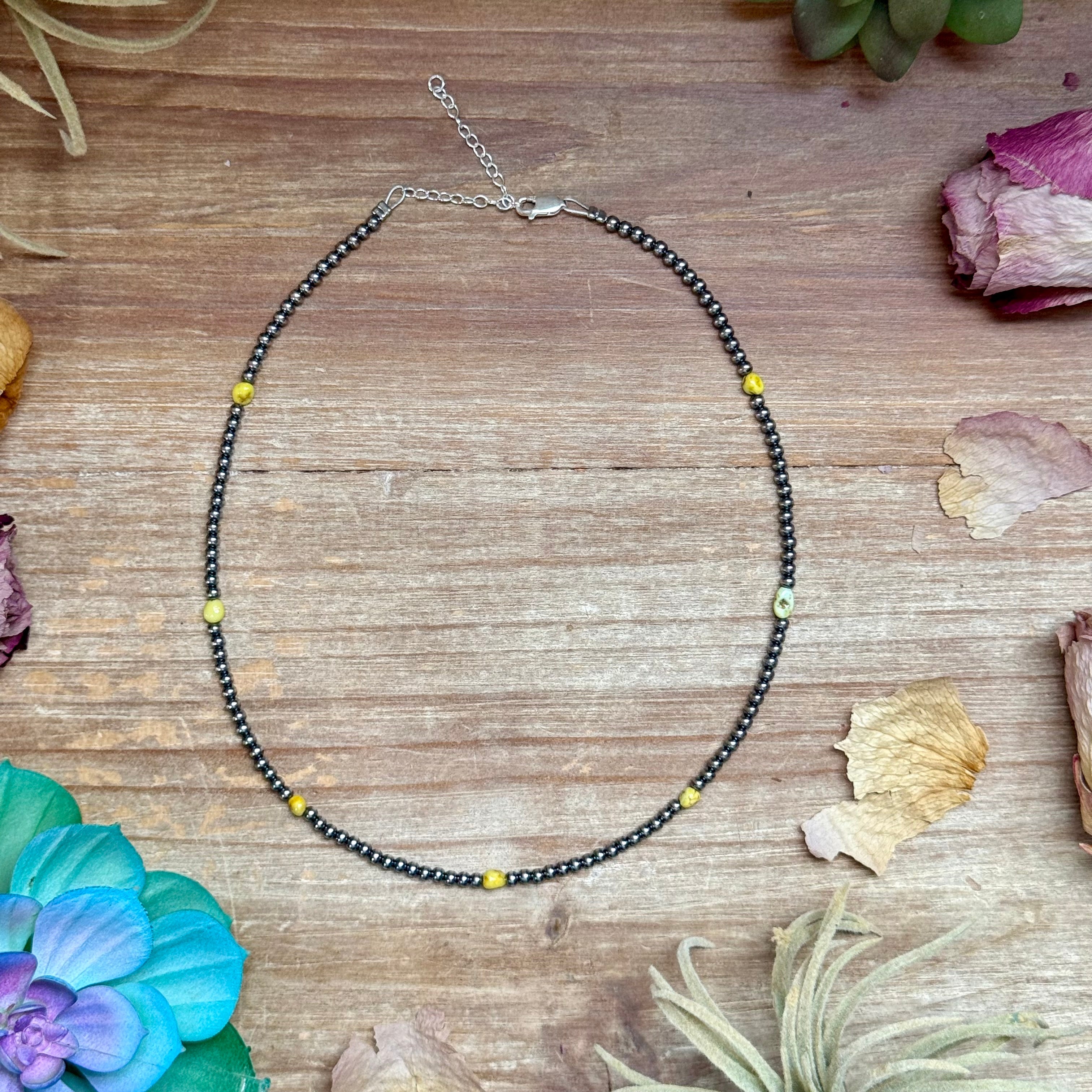 Palomino turquoise necklace with 3mm sterling silver pearls, handmade natural stone jewelry with extender by The Bijoux FAB.