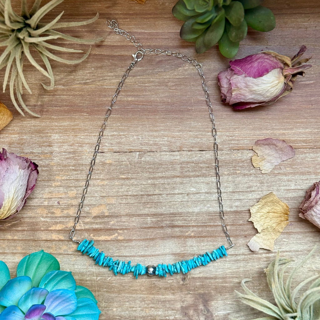 Turquoise chip necklace with sterling silver center bead on paperclip chain, 15 inch length with extender, handmade jewelry.