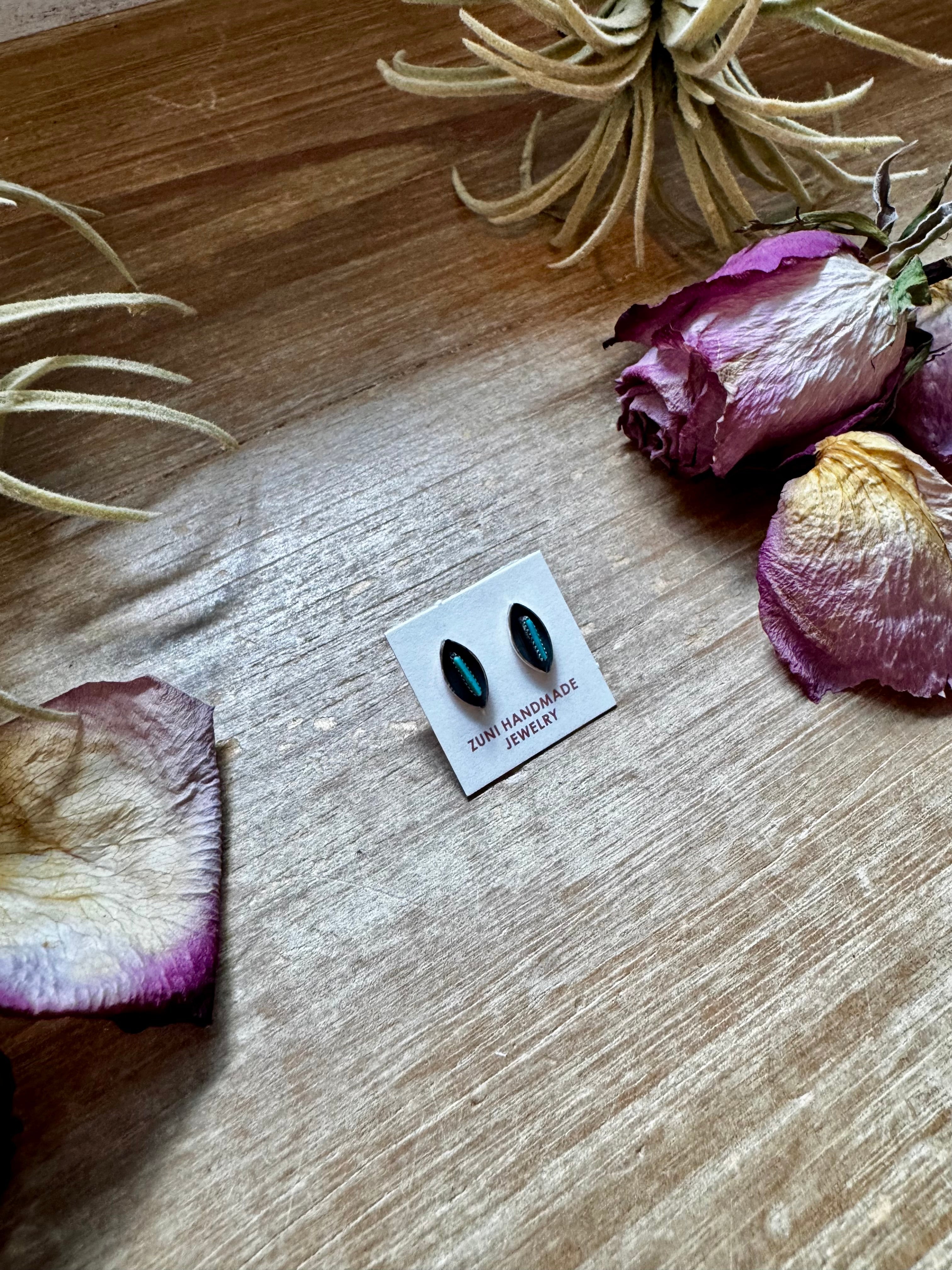 Mini Kingman Turquoise Inlay Earrings – Sterling Silver Zuni Stud Earrings
