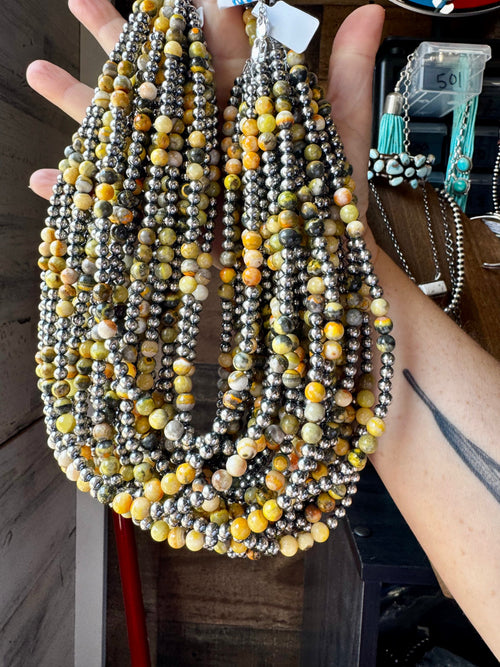 18-Inch Sterling Silver Pearl & Bumblebee Jasper Necklace