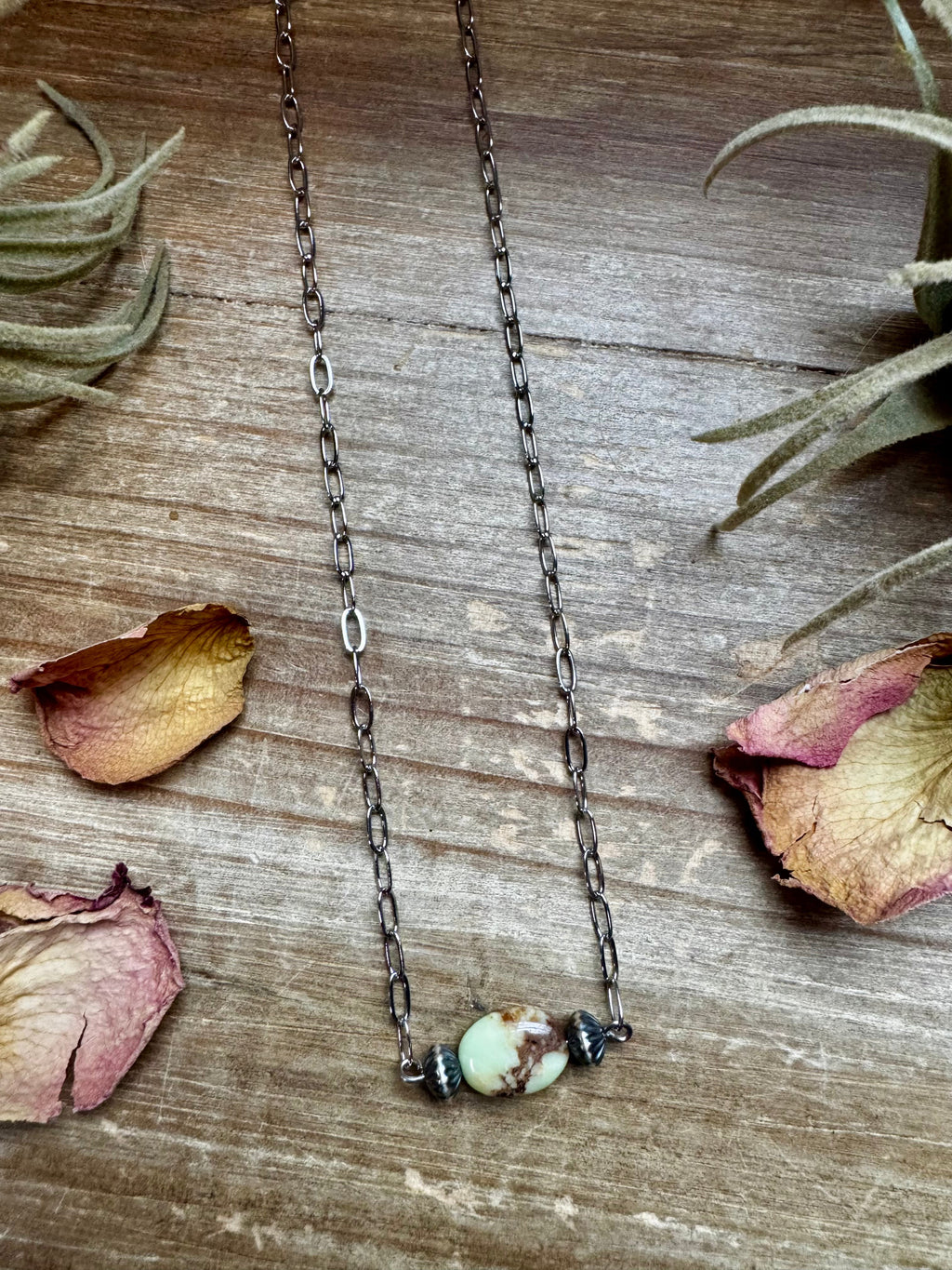 Lemon turquoise magnesite necklace with sterling silver saucer pearls and silver chain handmade in the USA Western jewelry style.