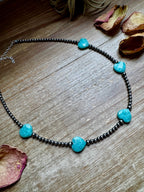 15-Inch Peruvian Amazonite Heart Necklace – 5 Hearts, Handmade with Sterling Silver Pearls