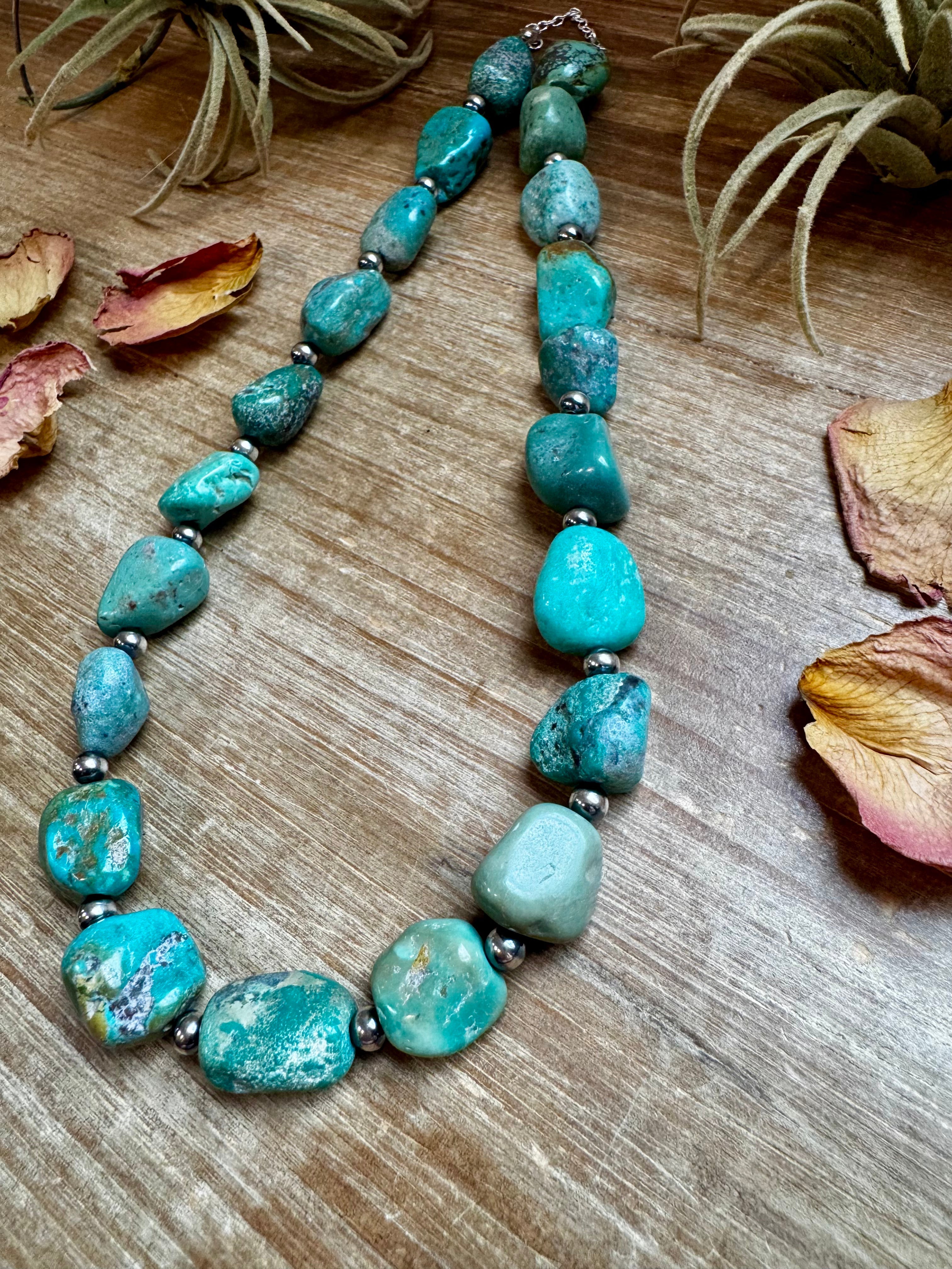19-Inch Turquoise Nugget Necklace with 4mm Sterling Silver Pearls