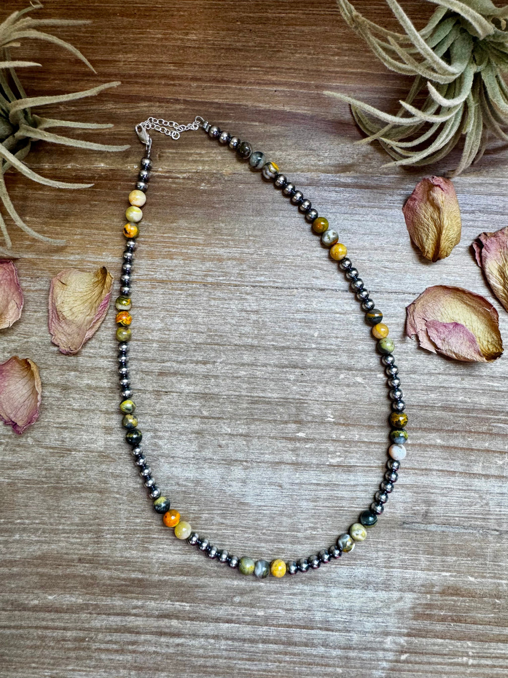 Bumblebee jasper and sterling silver pearl necklace with yellow gold grey stones and 5mm pearls by The Bijoux FAB.